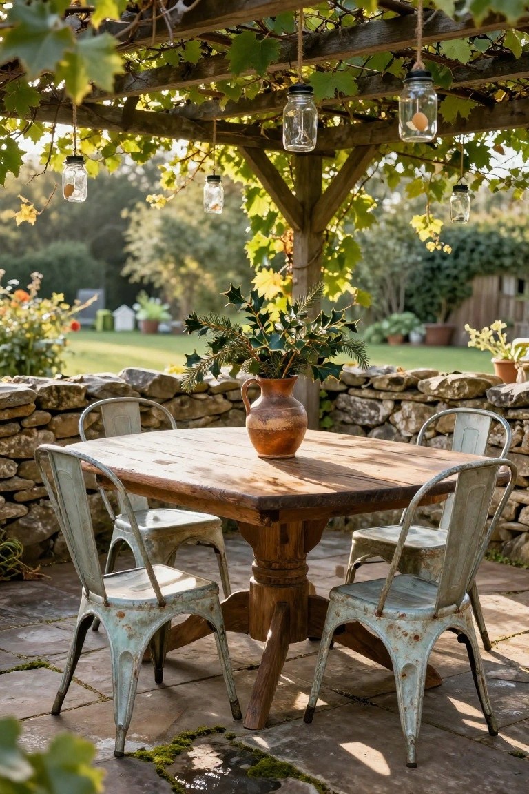 Rustic square wooden table with four distressed metal chairs on a stone patio under a wooden pergola covered in grapevines, several glass mason jar lanterns hanging from ropes above, a terracotta vase of holly branches on the table, stone walls and garden plantings in the background.