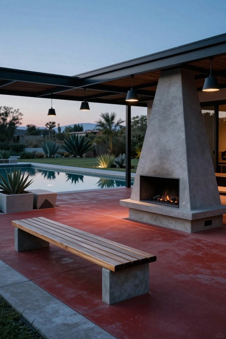 Outdoor covered patio at dusk with tall gray concrete fireplace lit by gas flames, wooden bench in front on red concrete floor, blue pool with agave plants nearby, pendant lights hanging from wooden beams, desert landscaping and house in background.