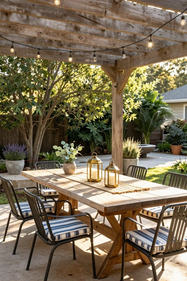 Wooden pergola with string lights draped across the beams over an outdoor dining table with striped chairs, surrounded by potted plants and garden greenery.