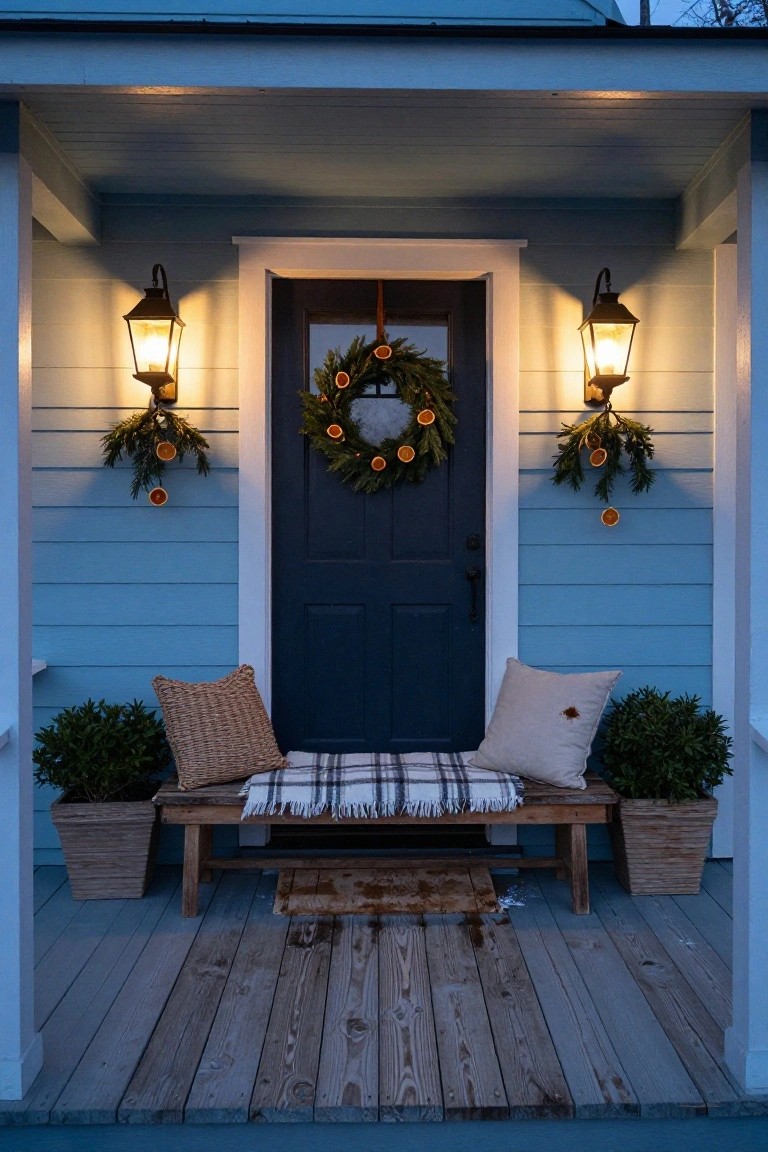 Front porch of a light blue clapboard house at dusk featuring a dark wood door with Christmas wreath, two lit lanterns on wall brackets with holiday garlands, wooden bench with plaid blanket and pillows flanked by potted plants, and wooden door mat on gray decking.