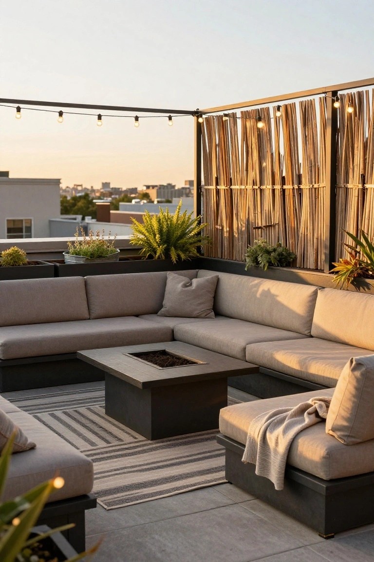 Rooftop terrace featuring an L-shaped beige outdoor sofa sectional around a black fire pit table on a gray tiled deck, with potted plants, bamboo privacy screens, hanging string lights, and a city skyline view at sunset.