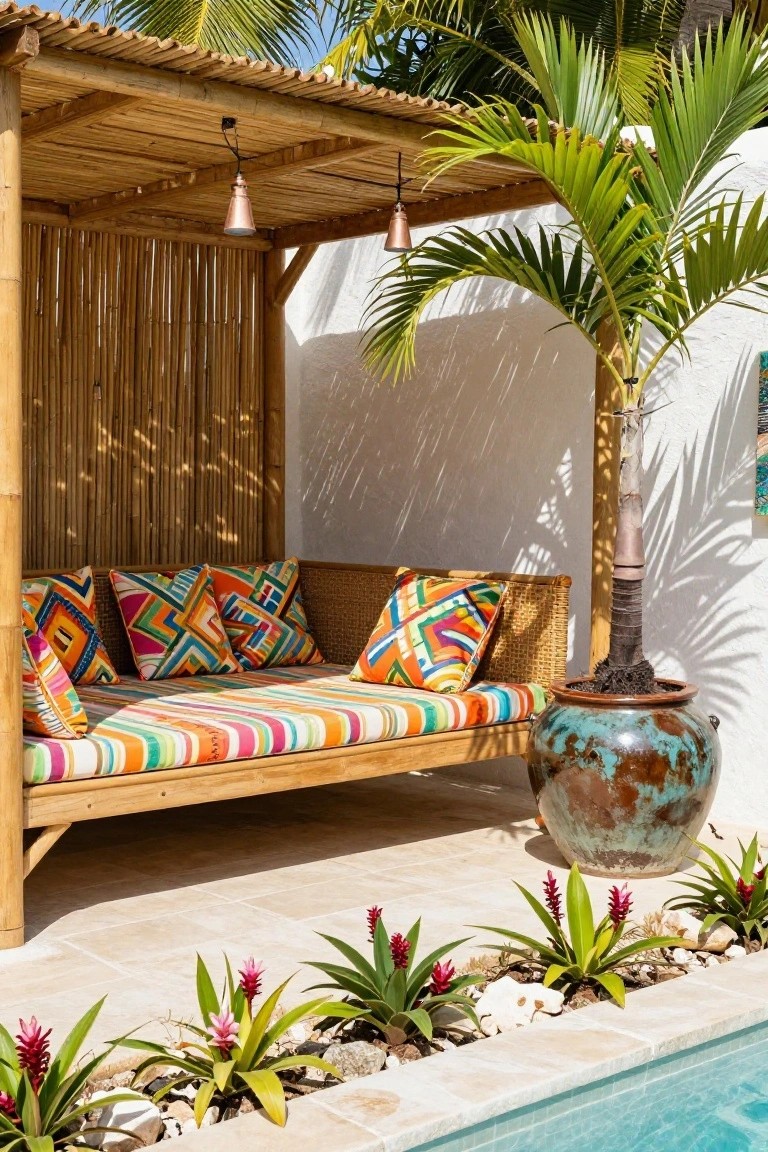 Bamboo pergola with two hanging copper pendant lights over a cushioned wooden daybed next to a swimming pool, surrounded by potted palm tree and tropical plants in a tiled outdoor area.