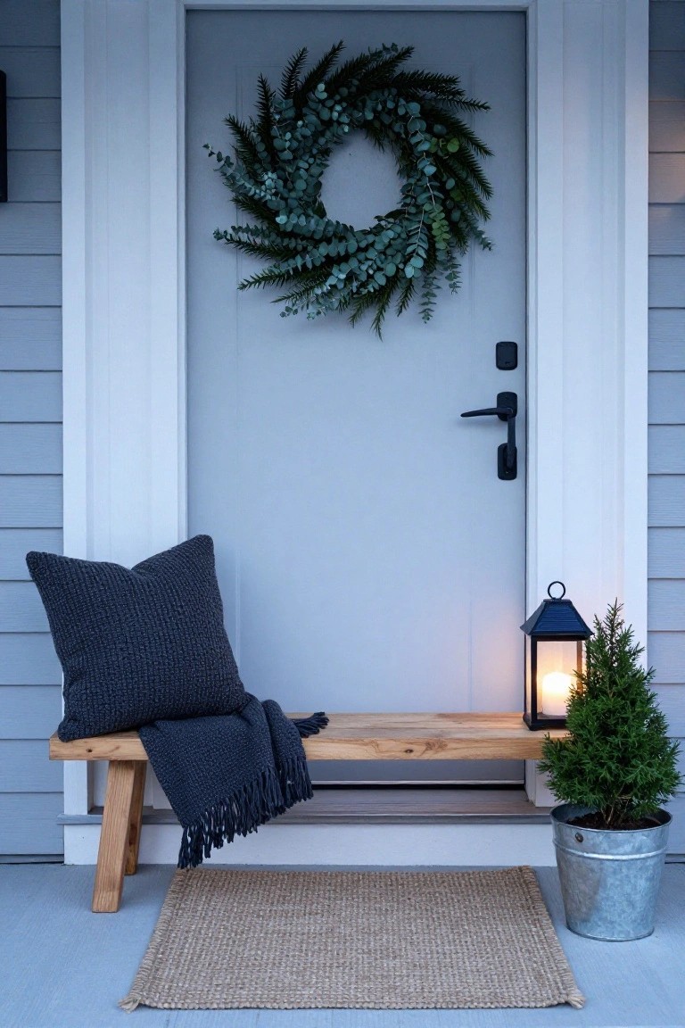 Gray front door with green eucalyptus and pine wreath, wooden bench holding navy knit pillow and throw blanket, lit black metal lantern next to small potted fir tree in galvanized bucket, seagrass welcome mat on porch.