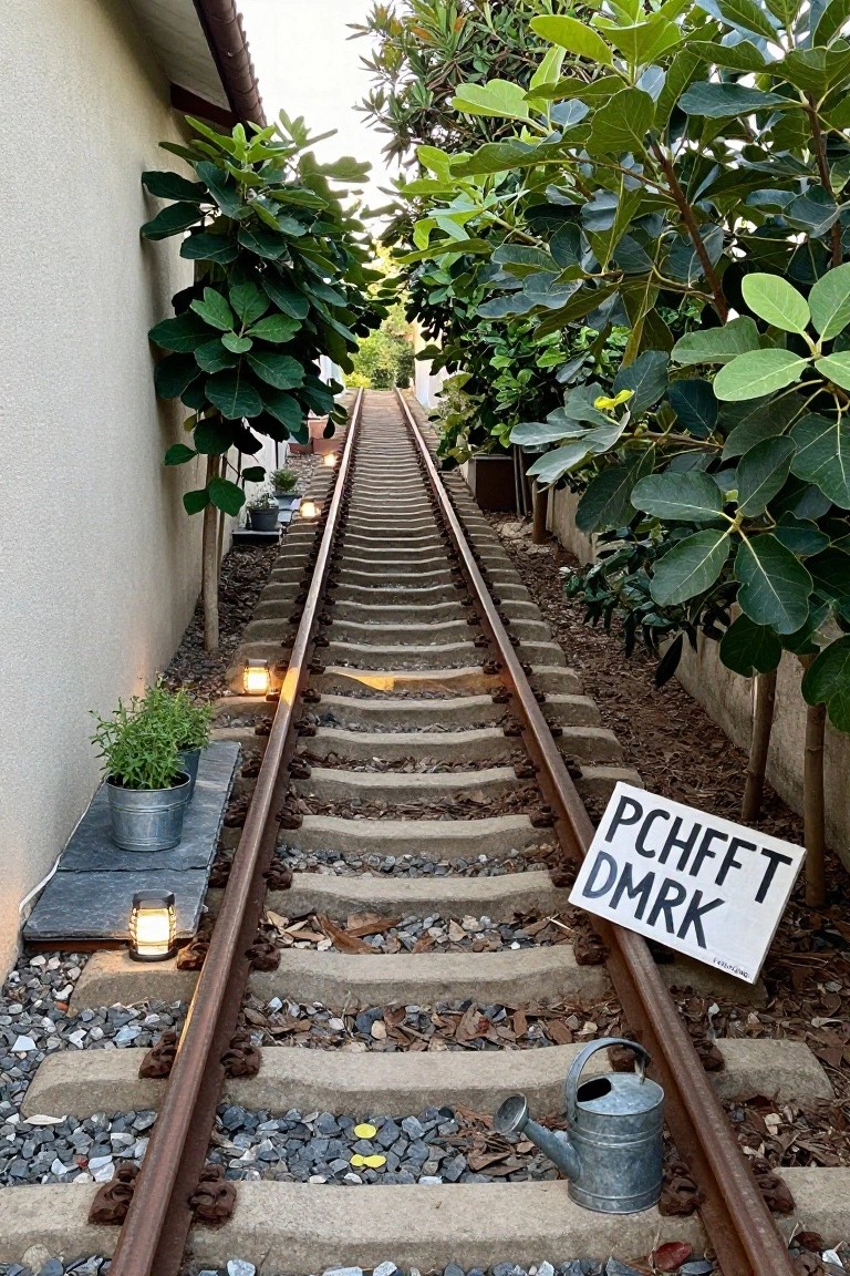 Sloped garden path built with train tracks running between stucco walls lined with ficus trees and potted plants, illuminated by small metal lanterns, with a sign reading PCHFT DMKRK and a watering can nearby.