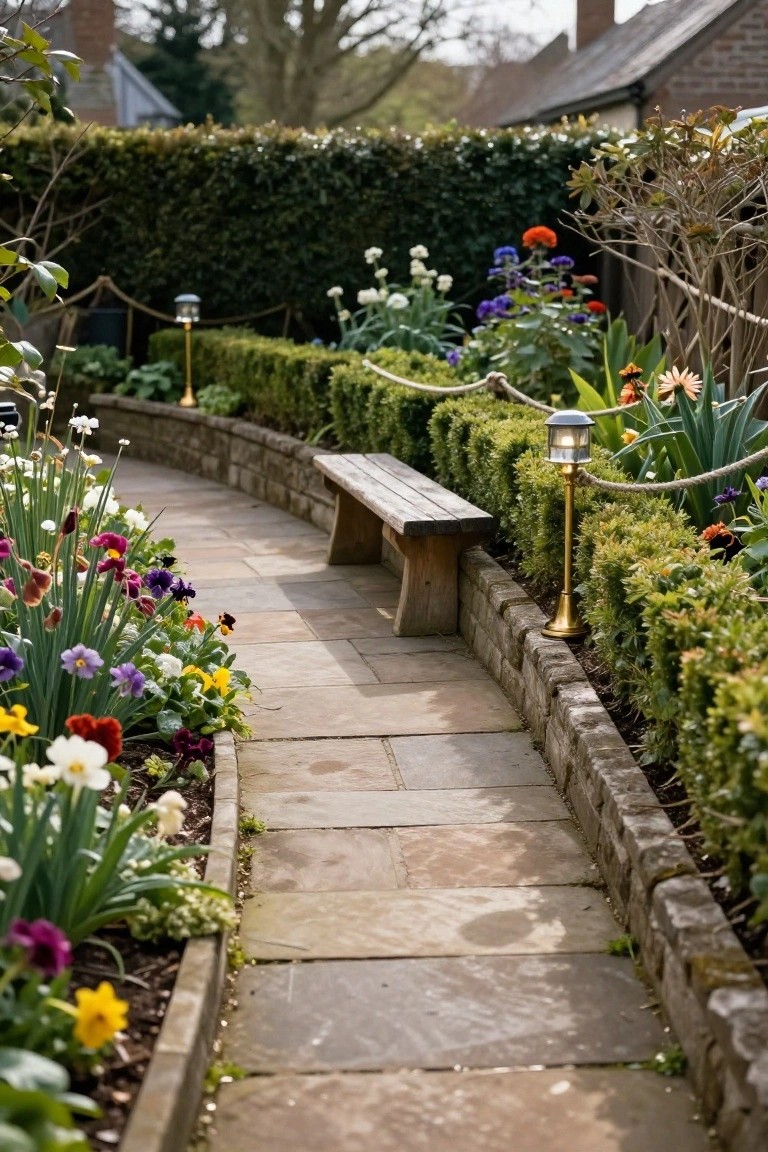 Winding stone path through a garden with colorful flower beds, boxwood hedges, rope accents, pedestal lanterns, and a wooden bench along a low wall.