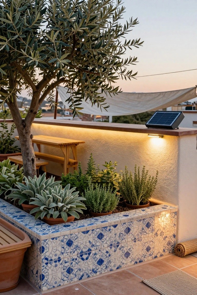 Rooftop terrace at dusk featuring an olive tree, wooden bench and stools, raised blue-tiled planter bed with herbs and succulents, solar panel, LED strip lights along edges, terracotta pots, and a shade sail.