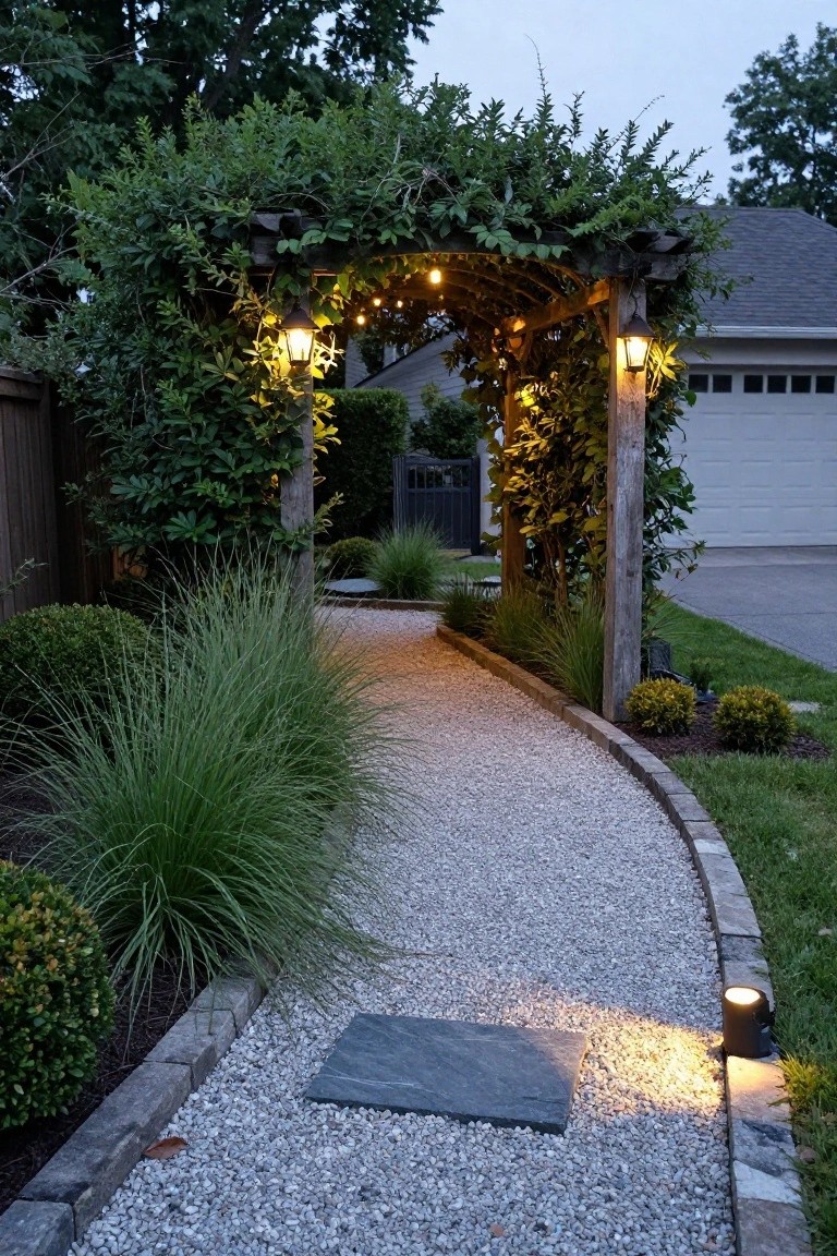 Wooden arbor covered in green vines and draped with string lights over a curving gravel pathway edged with grasses and shrubs, with post lanterns and path lights illuminating the scene at dusk near a house garage.