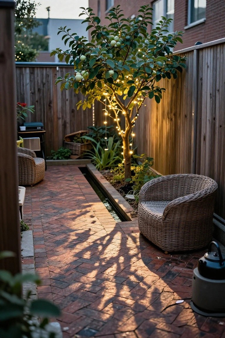 Narrow fenced backyard pathway of brick pavers with a small tree wrapped in white string lights, rattan chairs, potted plants, a water channel, and a gas heater nearby.