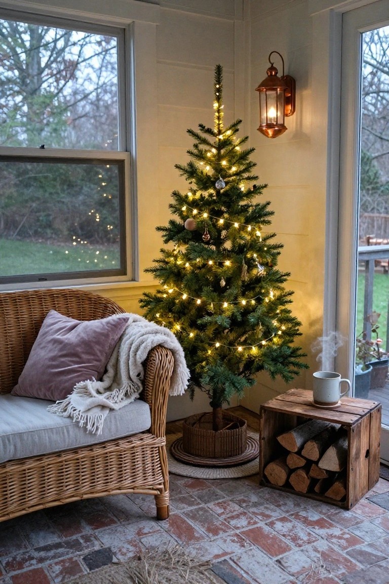 Small lit Christmas tree in the corner of a sunroom beside a wicker armchair with blankets, a steaming mug on a wooden crate of firewood, large windows showing trees and grass outside, and a wall lantern.