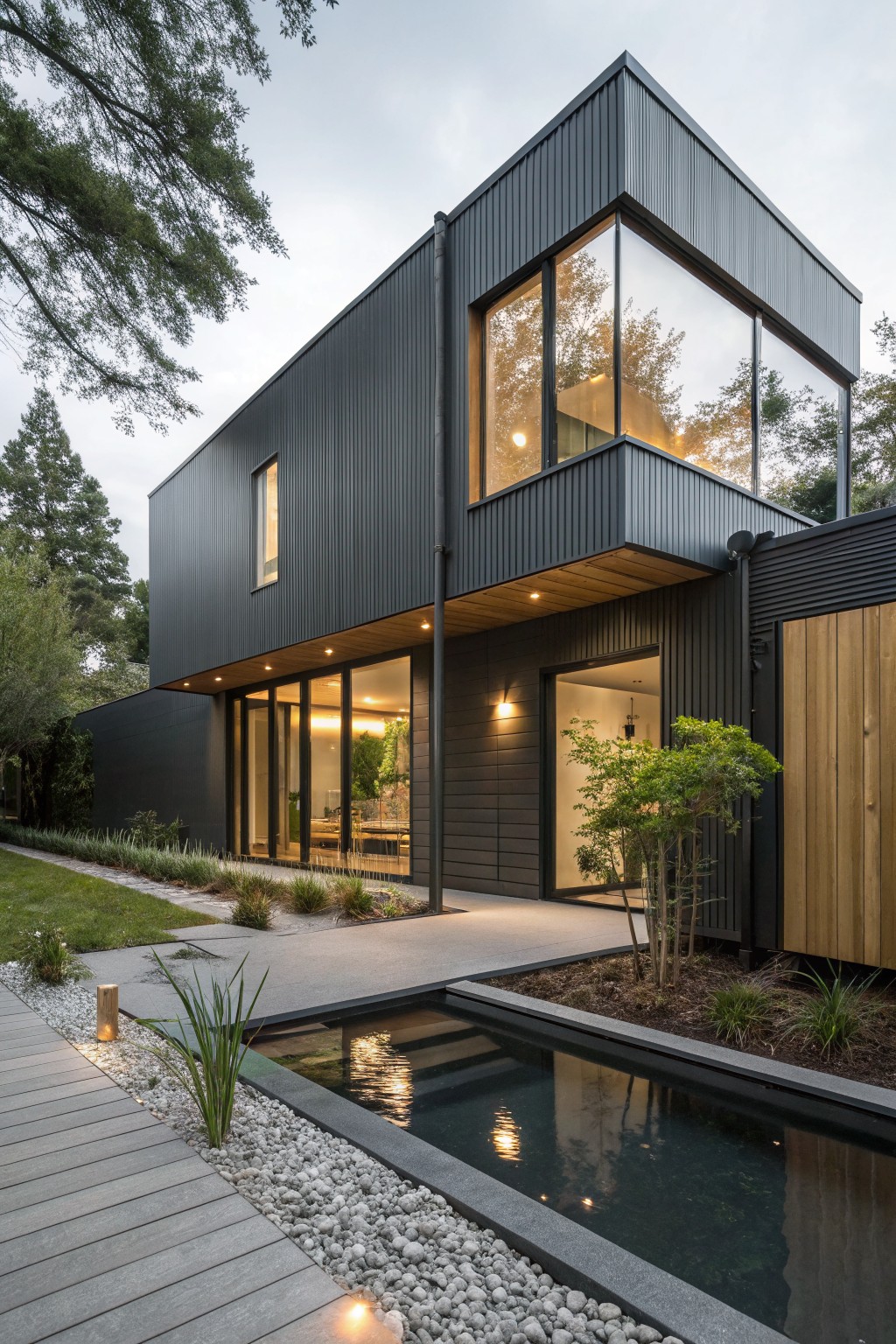 Two-story modern house with dark gray corrugated metal siding, large corner glass windows, wooden entry overhang and gate, reflecting pool, stone pathway, and surrounding landscaping with grasses and trees.