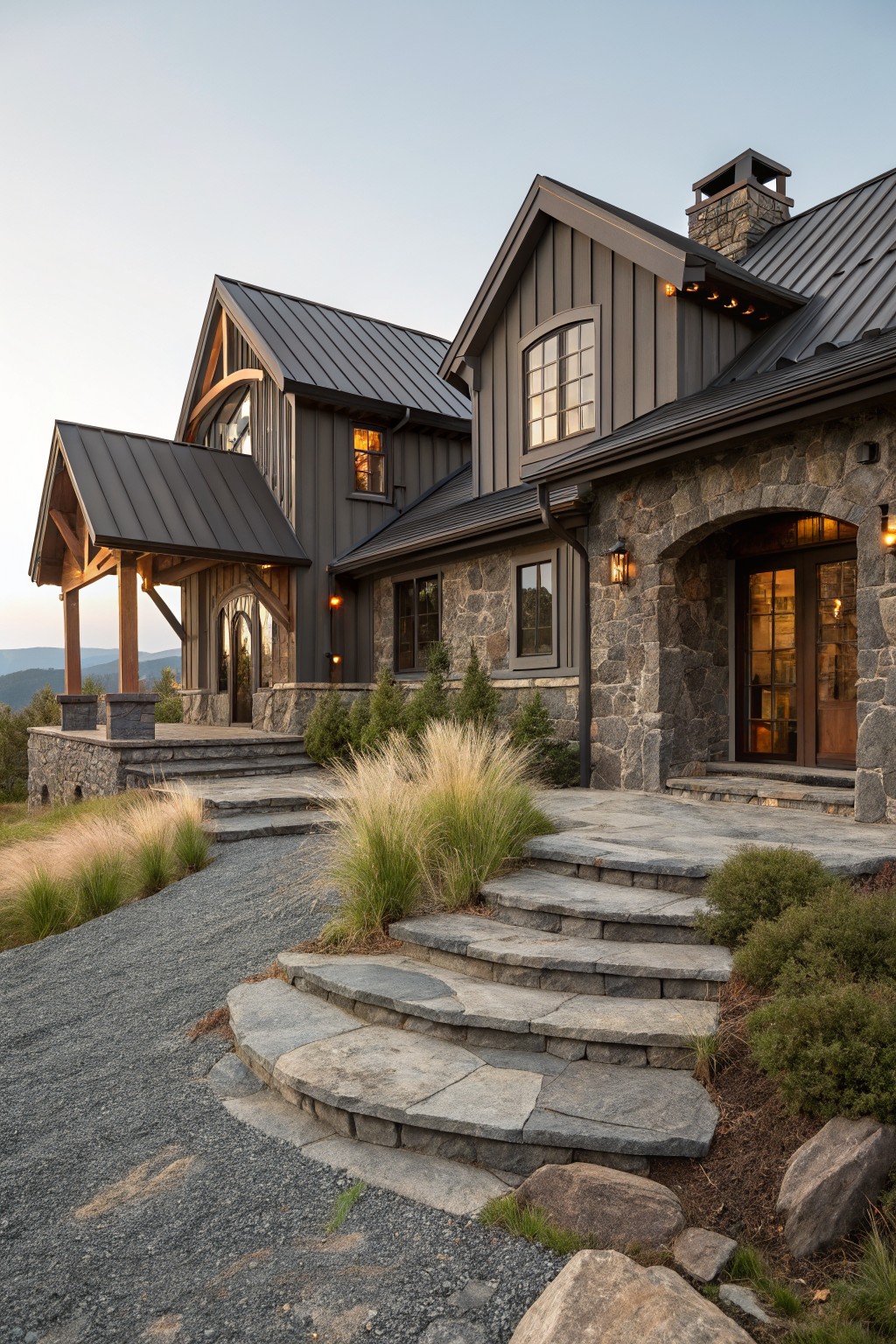 Two-story house exterior featuring dark gray vertical siding, gray stone foundation and accents, black metal roof, arched wooden entry door with sidelights, stone steps, gravel path, ornamental grasses, and distant mountain views at dusk.