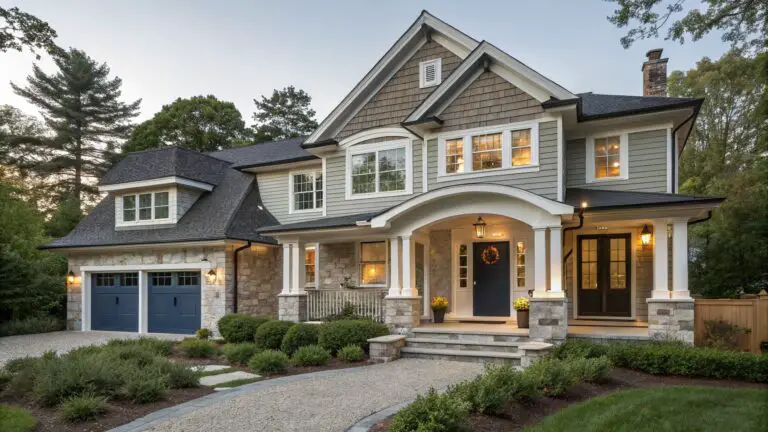 Gray shingled two-story house with white trim, covered porch featuring stone archway and columns, dark blue front door, lanterns, potted plants, and curved driveway edged with shrubs at dusk.