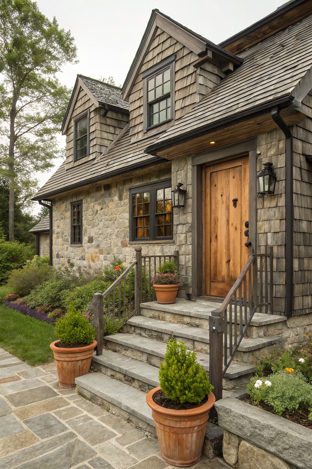 Gray fieldstone house exterior with cedar shingle siding and gabled roof, wooden front door flanked by black lanterns, stone steps with black metal railing, and terracotta pots with plants on a paved walkway.