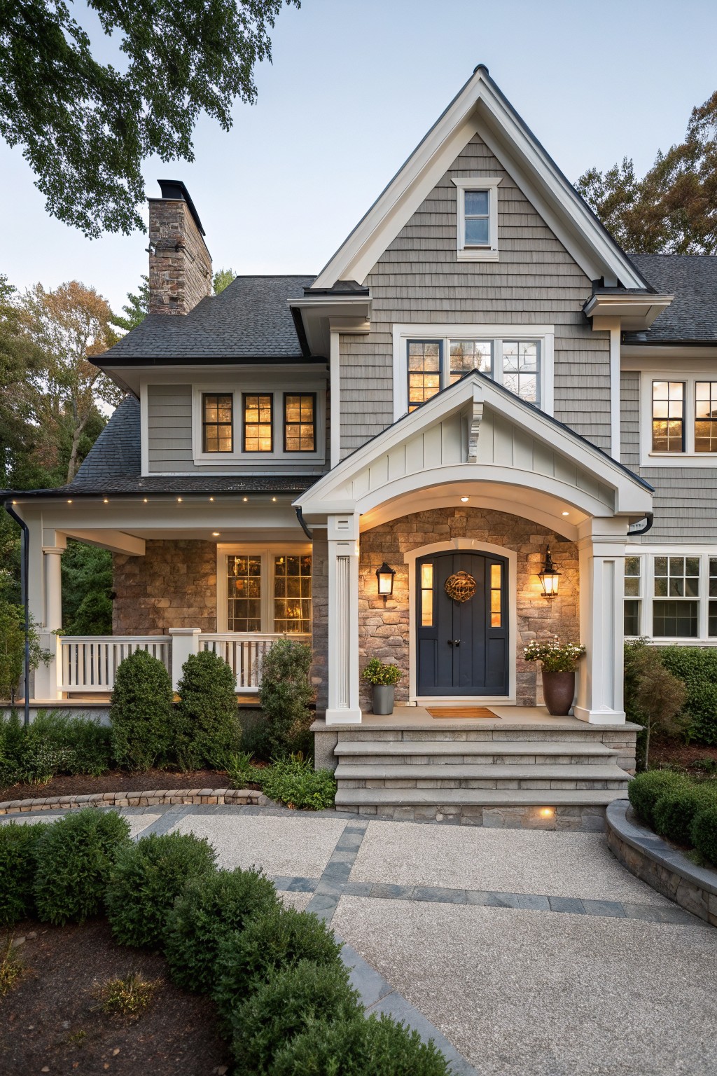 Gray shingled two-story house with white trim, covered porch featuring stone archway and columns, dark blue front door, lanterns, potted plants, and curved driveway edged with shrubs at dusk.