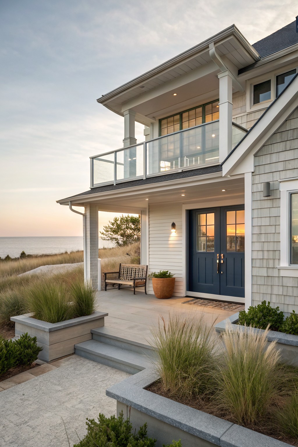 Two-story coastal house exterior with light gray shingle siding, navy blue double front doors under a white porch, glass-railed balcony above, stone steps, beach grass planters, and ocean view at dusk.