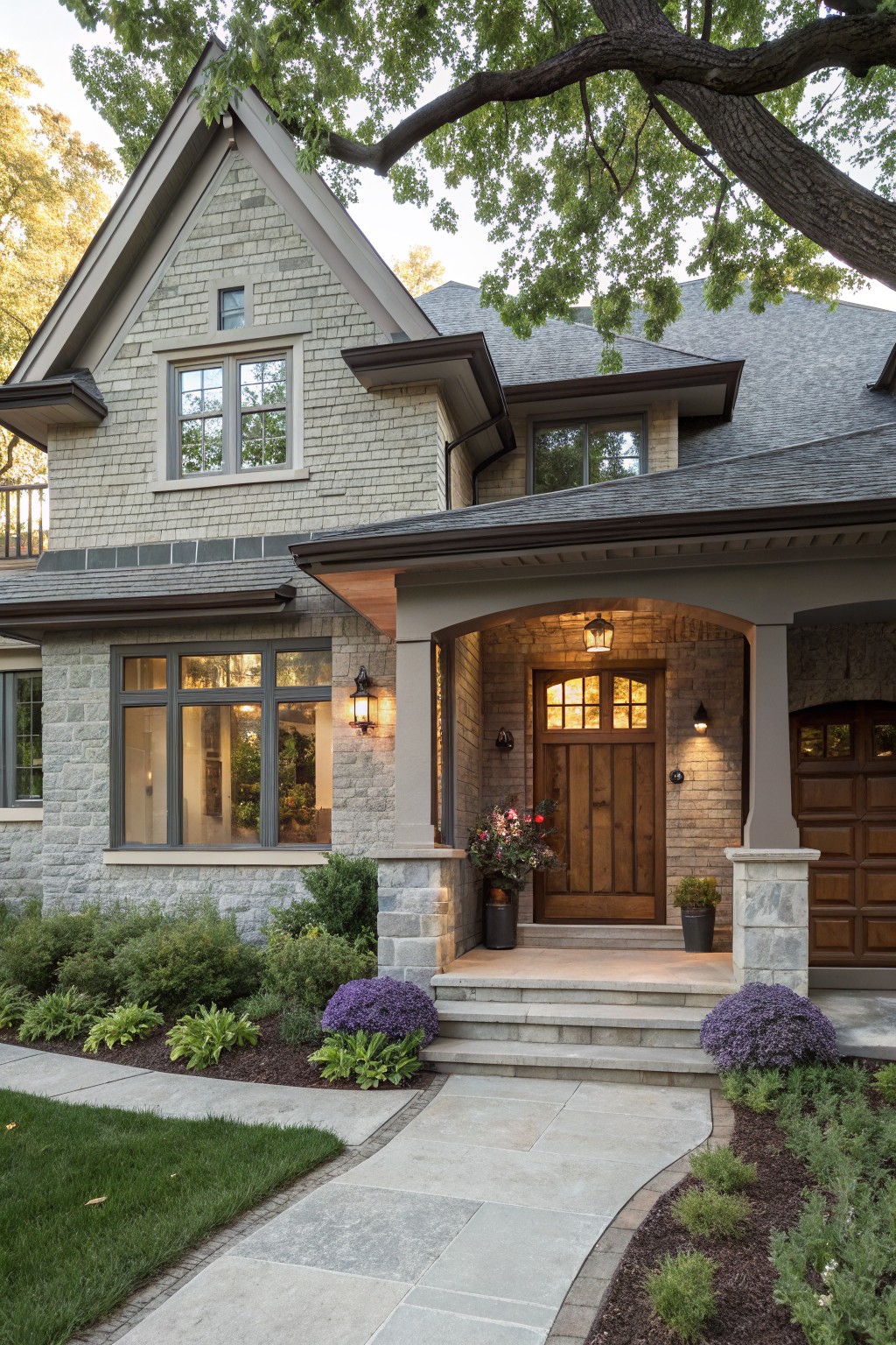 Front exterior view of a two-story house with light gray stone siding, dark shingled gabled roof, arched entry porch with wood door and lanterns, stone pathway, potted flowers, shrubs, and lawn.