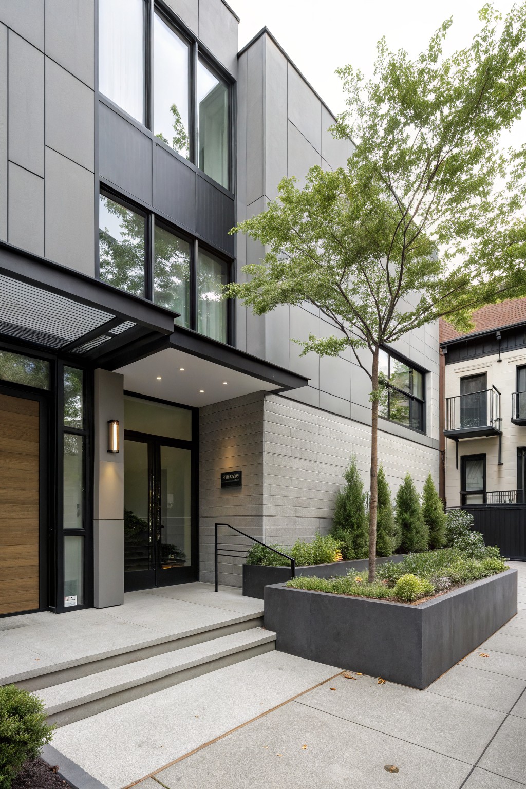 Modern house exterior with light gray vertical panels, black-framed windows and metal awning over wooden entry door, concrete steps leading to entrance, planter box with greenery and small tree.