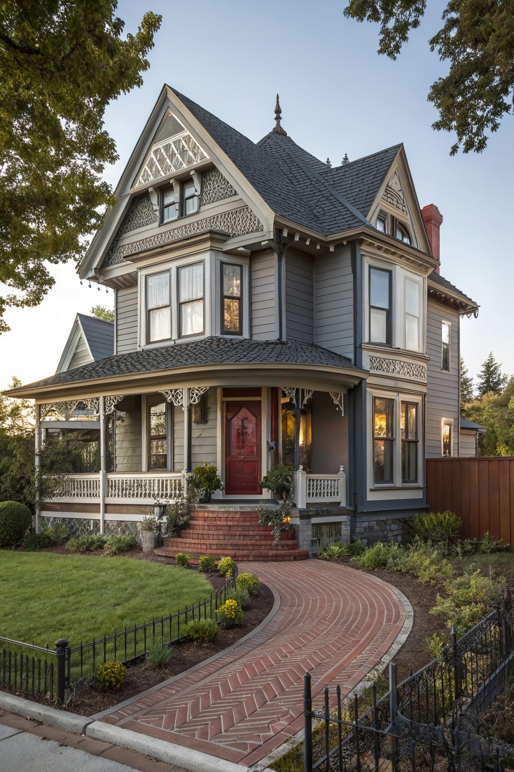 Two-story gray Victorian house with gabled roof, wraparound porch, red front door, brick steps and pathway, black iron fence, and landscaped yard under trees.
