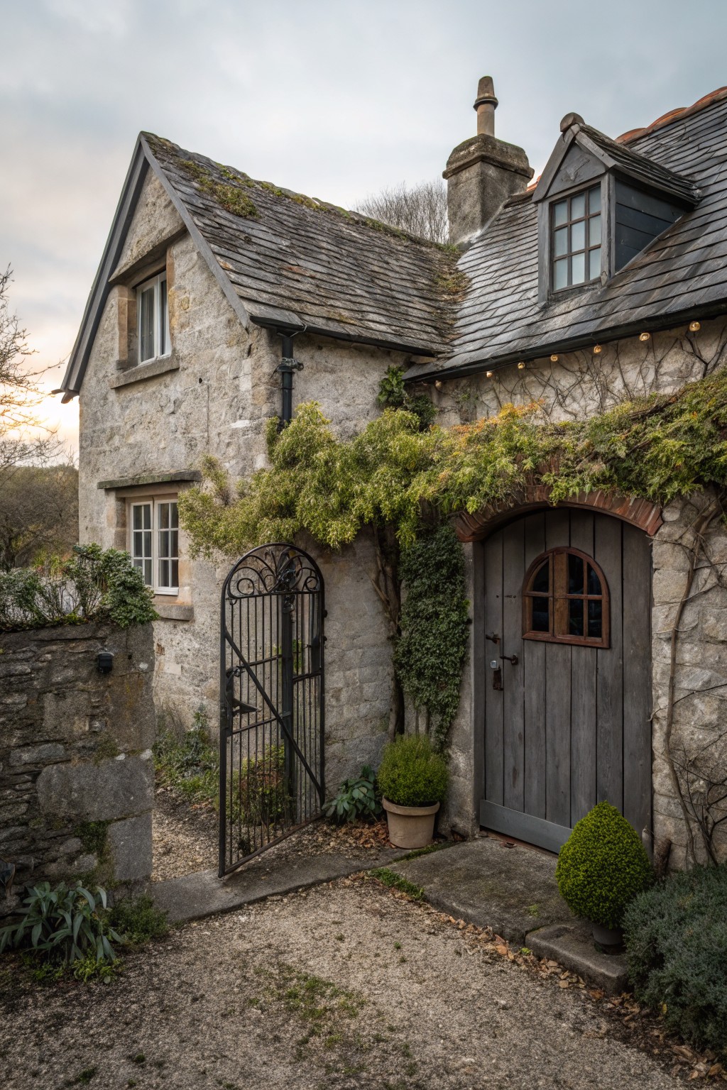 Stone cottage with gray walls covered in ivy and climbing plants, arched wooden door, wrought iron gate, potted shrubs, and gravel path in front.