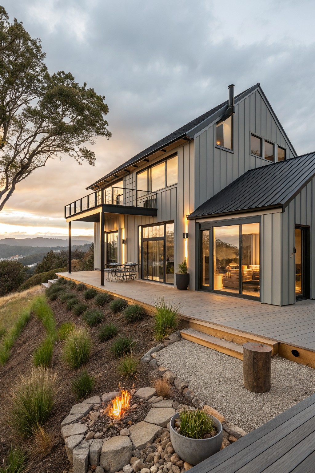 Two-story modern house with light gray vertical siding, black metal roof, large glass windows and doors, elevated deck with furniture, metal balcony, stone fire pit, gravel path, grasses, and trees on a hillside at sunset.