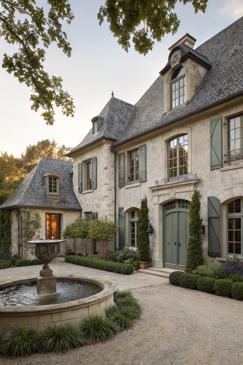Light gray stone house exterior in French chateau style with slate roof, green shutters, arched entry doors, and a stone fountain in the gravel courtyard.