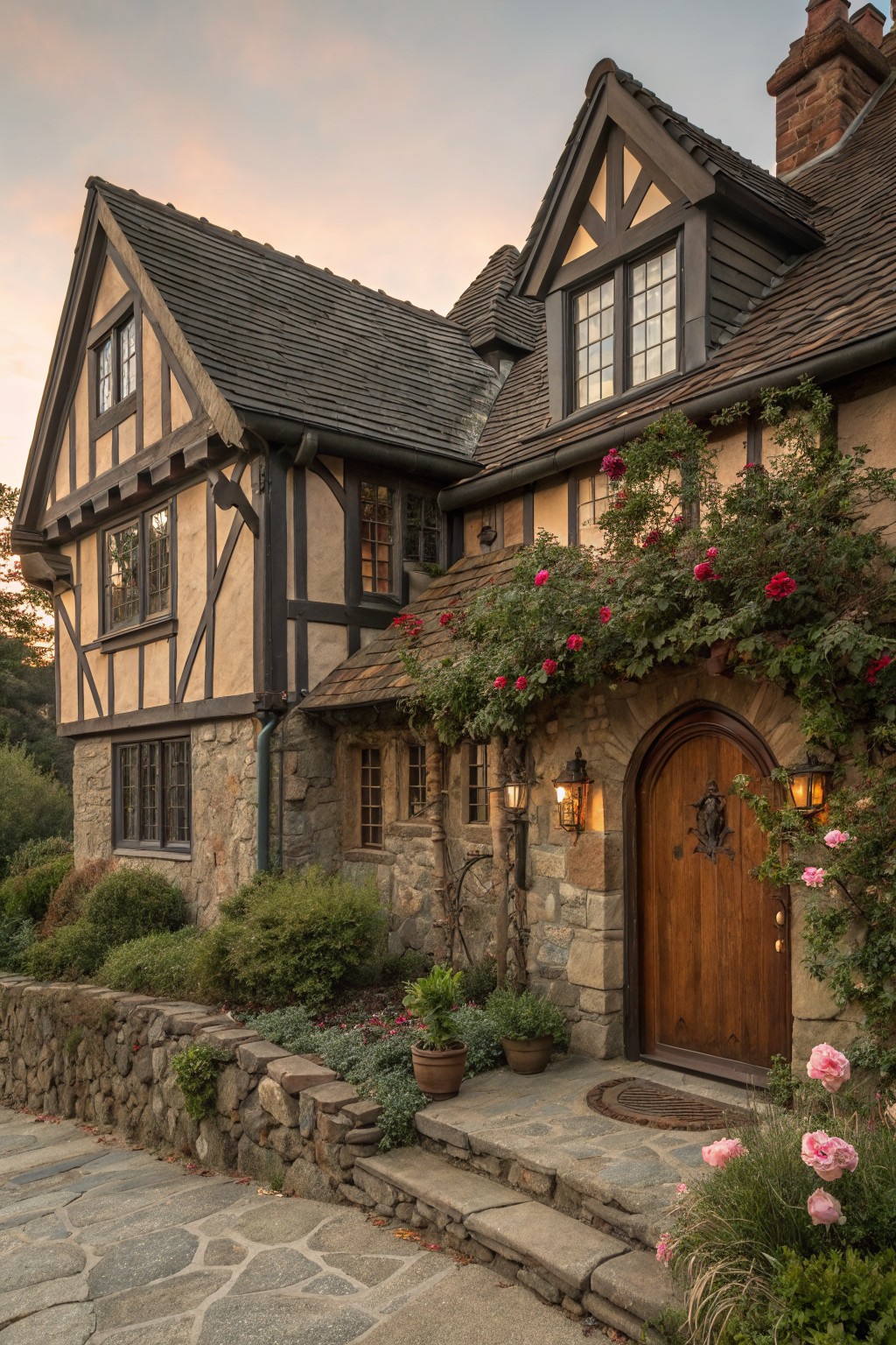 Tudor Revival house exterior featuring light warm gray stucco walls, dark timber framing, gray stone base, arched wooden front door with wrought iron hardware, climbing pink roses, stone lanterns, and a stone pathway at dusk.