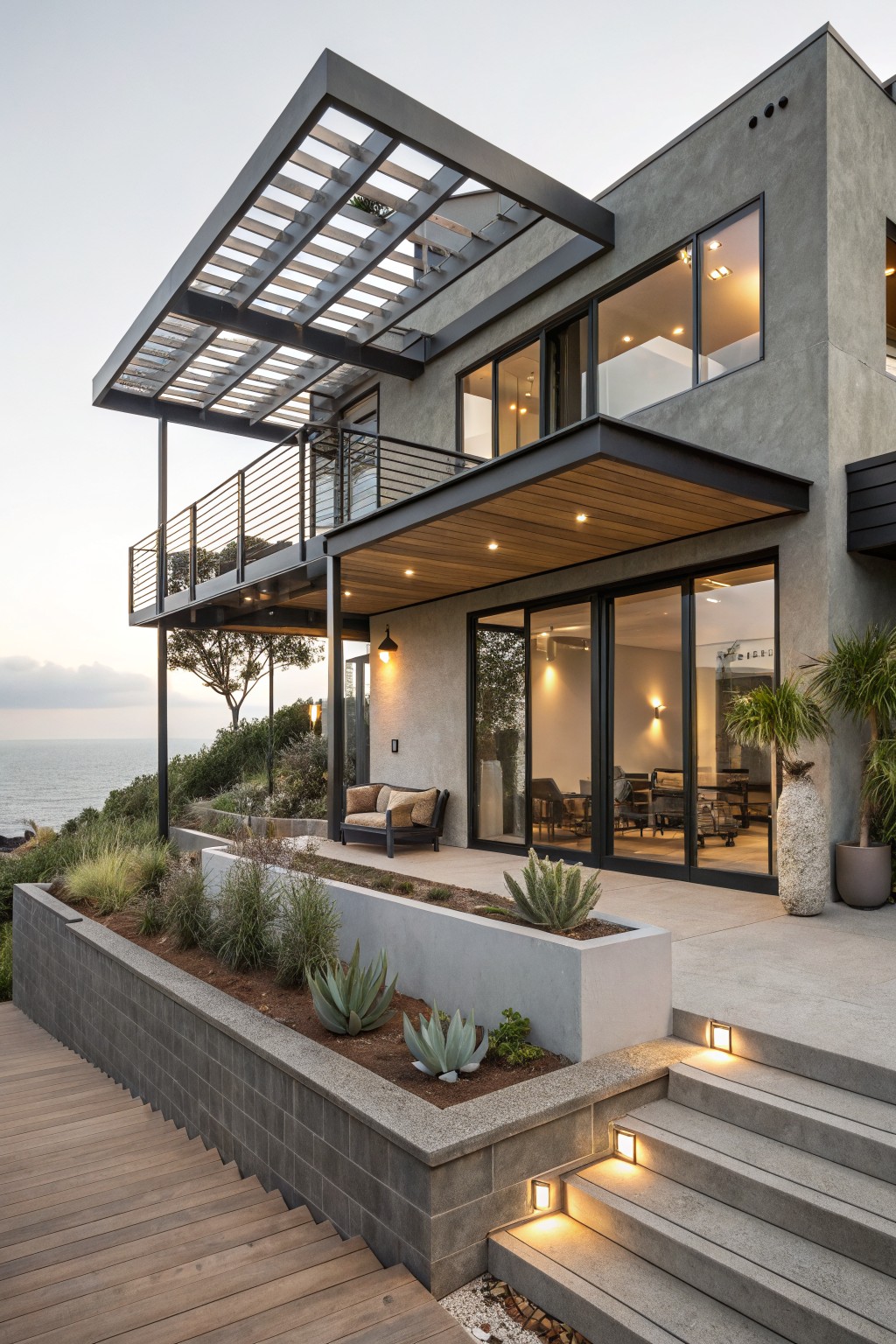 Modern two-story house exterior with warm gray stucco walls, black metal pergola and railings, cantilevered upper balcony, lower wood deck patio with plants and steps, overlooking ocean at dusk.