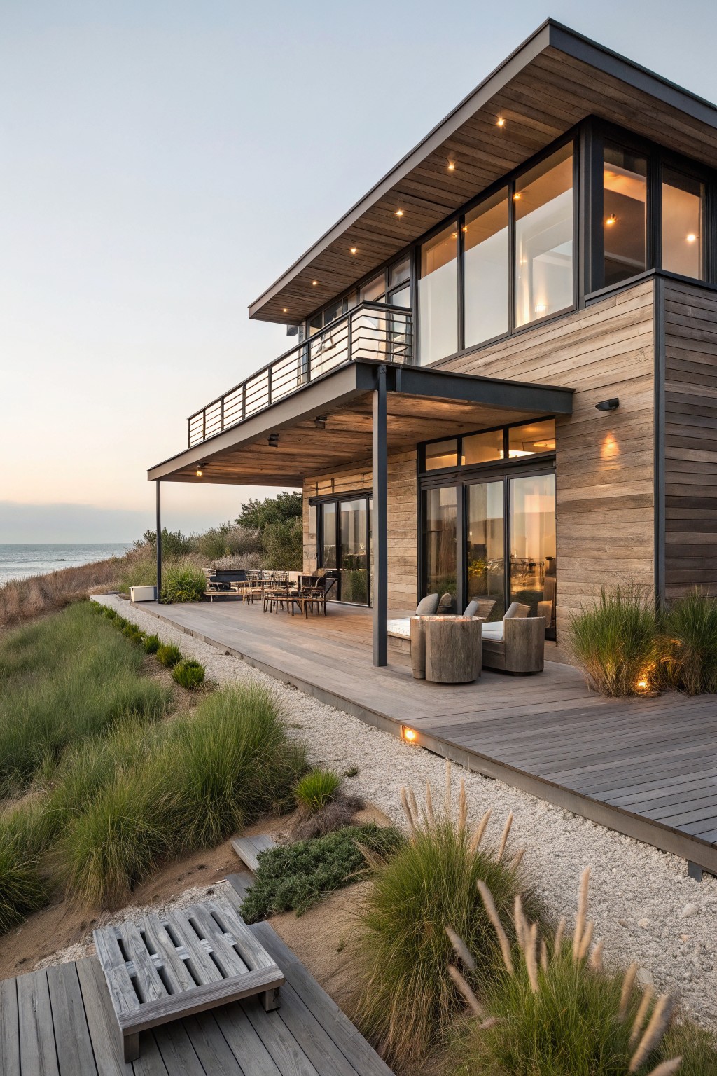 Modern two-story beach house exterior clad in horizontal cedar planks with black metal accents, large glass windows and doors, cantilevered upper deck, lower wooden deck with furniture, surrounded by dune grasses and overlooking the ocean at dusk.