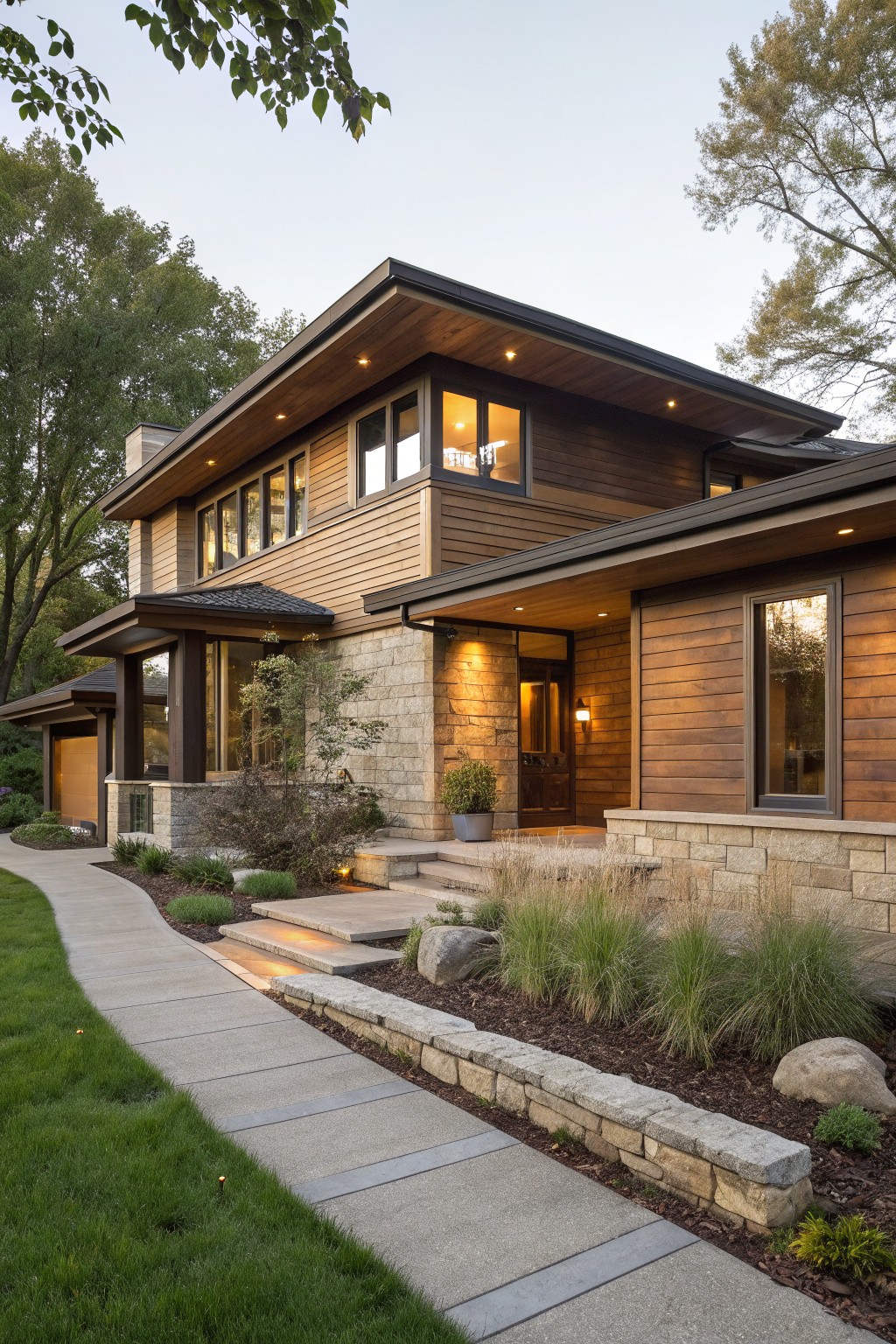 Modern two-story house exterior featuring horizontal cedar wood siding, limestone stone base and accents, glass entry door, concrete steps, pathway, and landscaped yard with grasses and trees at dusk.
