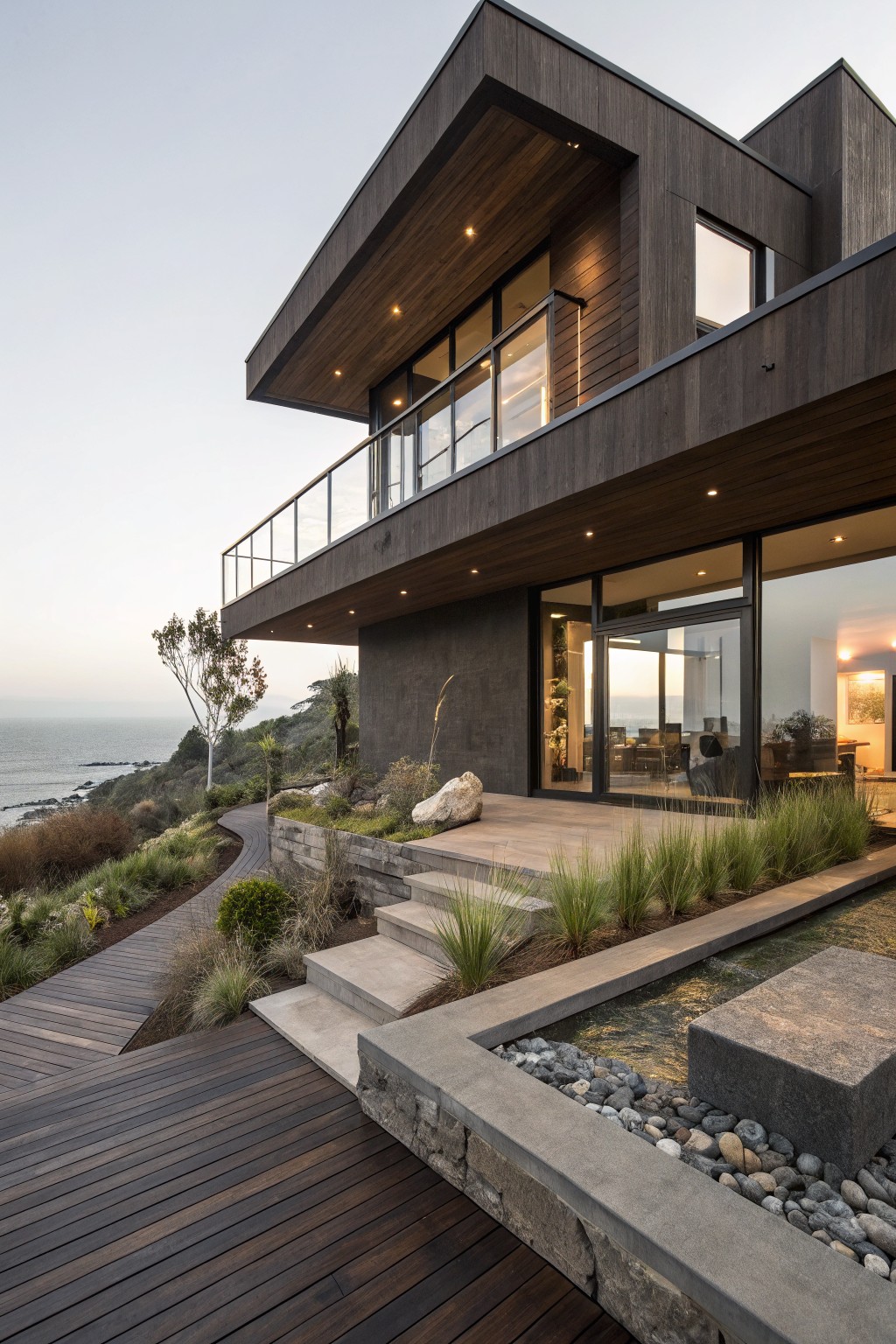Modern house exterior on a coastal hillside with dark brown wood cladding, large glass windows and doors, wooden deck and pathway, stone walls, gravel water feature, and native plants overlooking the ocean.