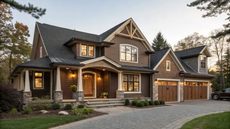 Front view of a two-story house with brown shake gable siding, vertical brown board-and-batten siding, stone foundation and accents, brick entry archway, white trim, lanterns, steps, and landscaped yard with paver path.