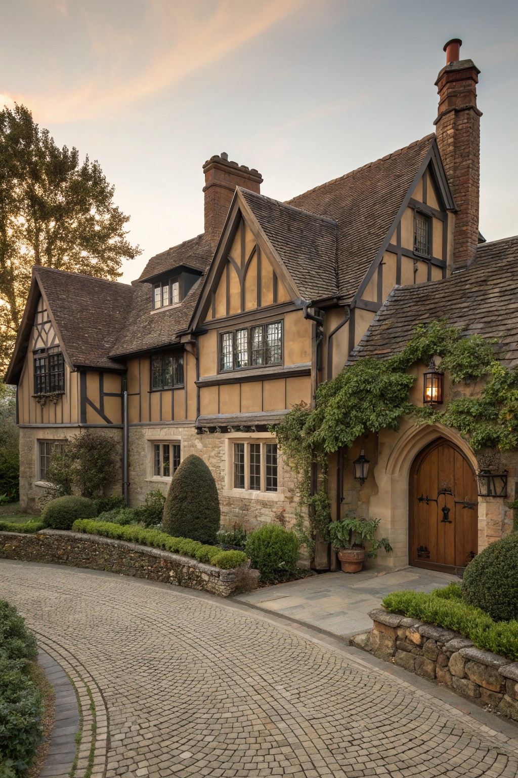 Two-story house exterior in Tudor style with beige stucco walls, dark brown timber framing, brick chimneys, arched wooden front door with lanterns, stone base, landscaping, and curved cobblestone driveway at sunset.