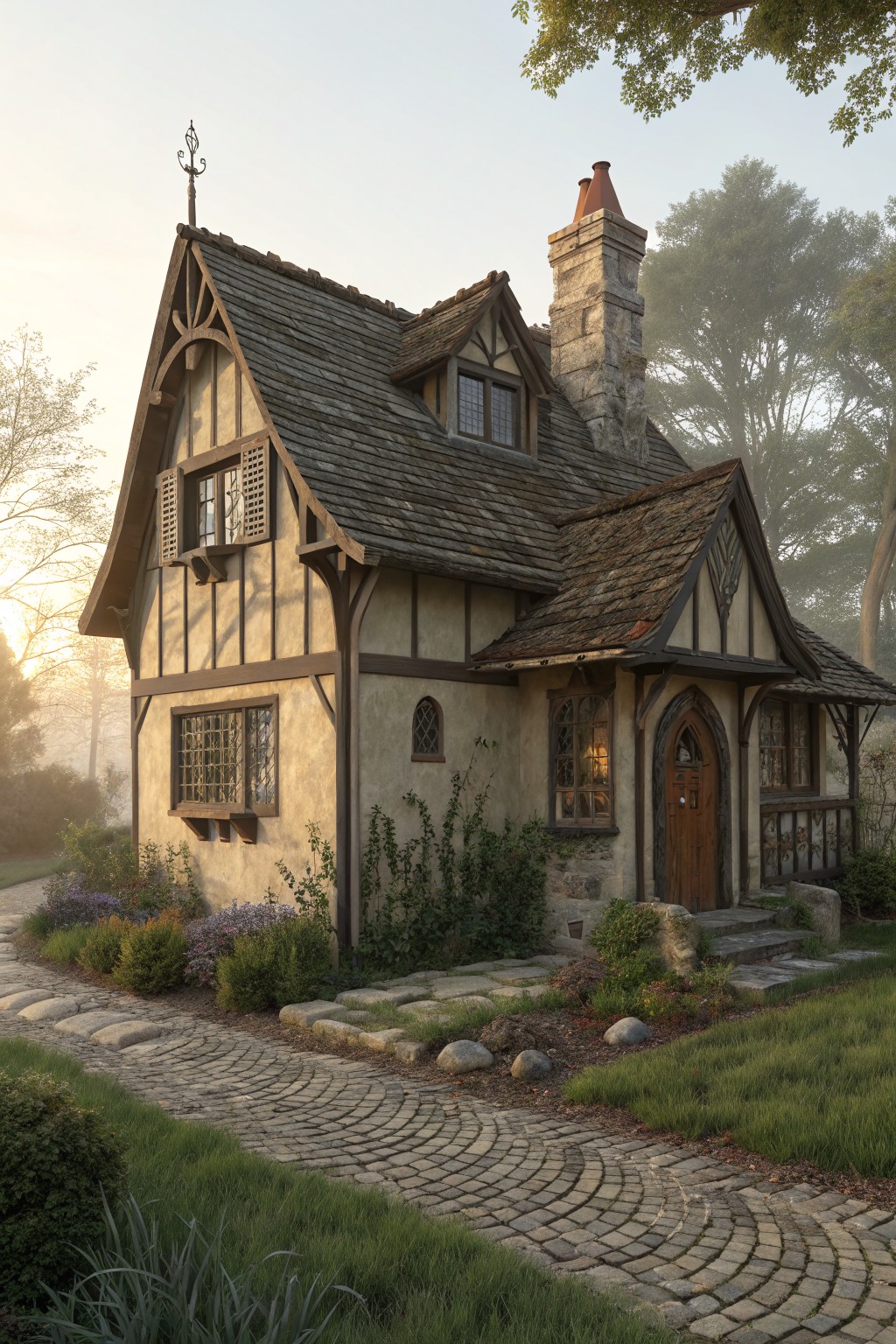 A rendered image of a small Tudor-style cottage exterior with beige plaster walls, dark brown half-timbering, slate roof, stone chimney, arched wooden door, shuttered windows, surrounded by plants, rocks, grass, and a curving cobblestone path in soft morning light.