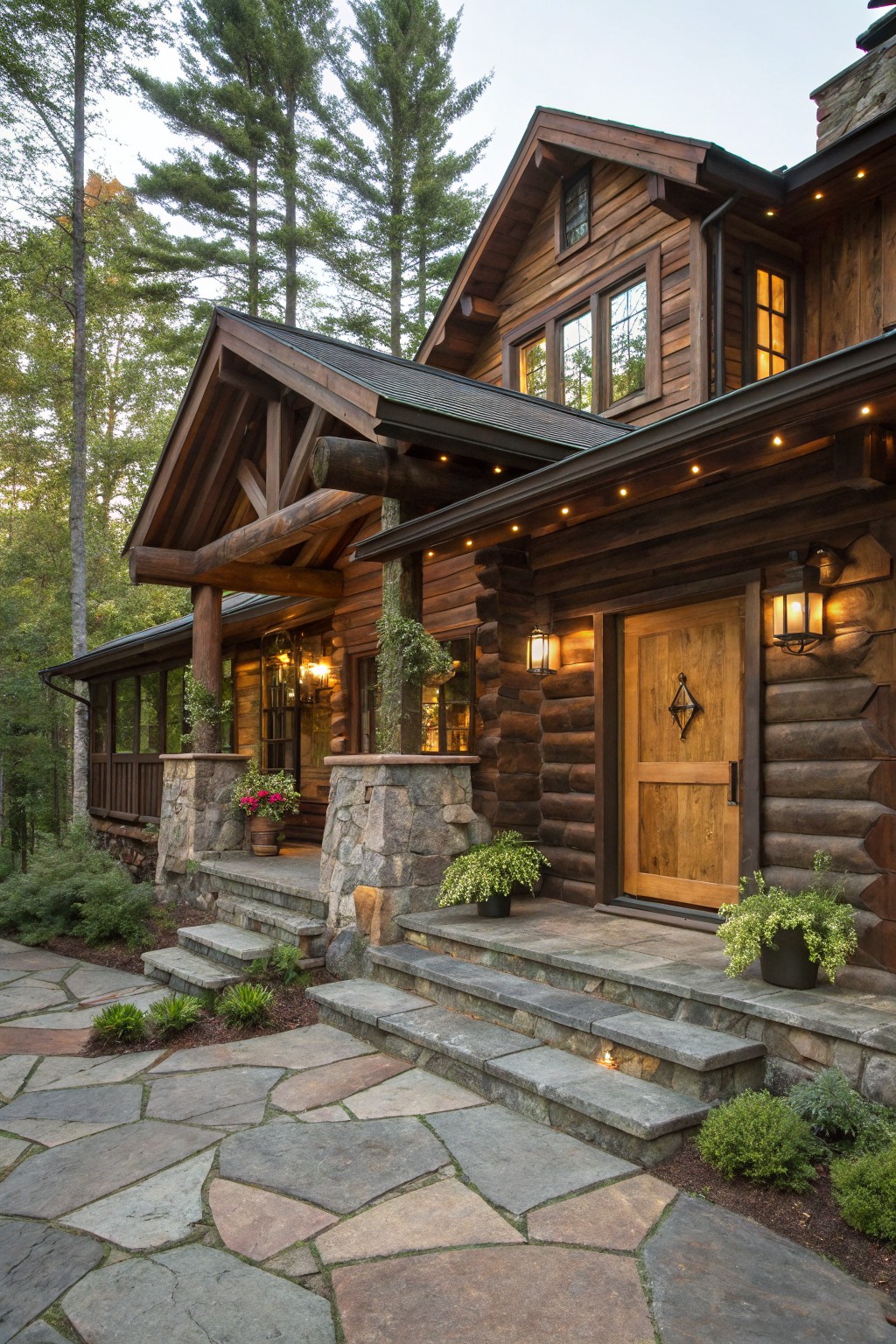 A rustic log cabin house exterior with brown timber log walls, stone foundation and pillars, wooden front door with iron hardware, flanked by wall lanterns, wide porch, stone steps, and surrounding pine trees and landscaping at evening light.