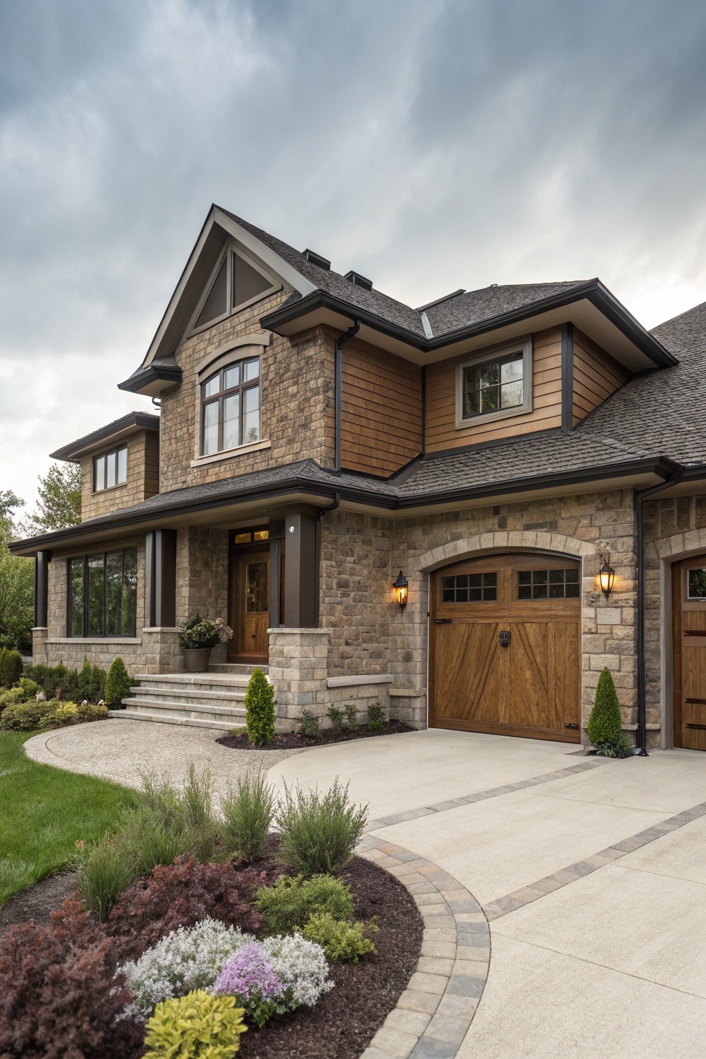 A two-story house exterior with brown stone masonry on the lower level, horizontal cedar siding above, wooden double garage doors, arched entryway, front steps, and curved driveway edged by landscaping under a cloudy sky.