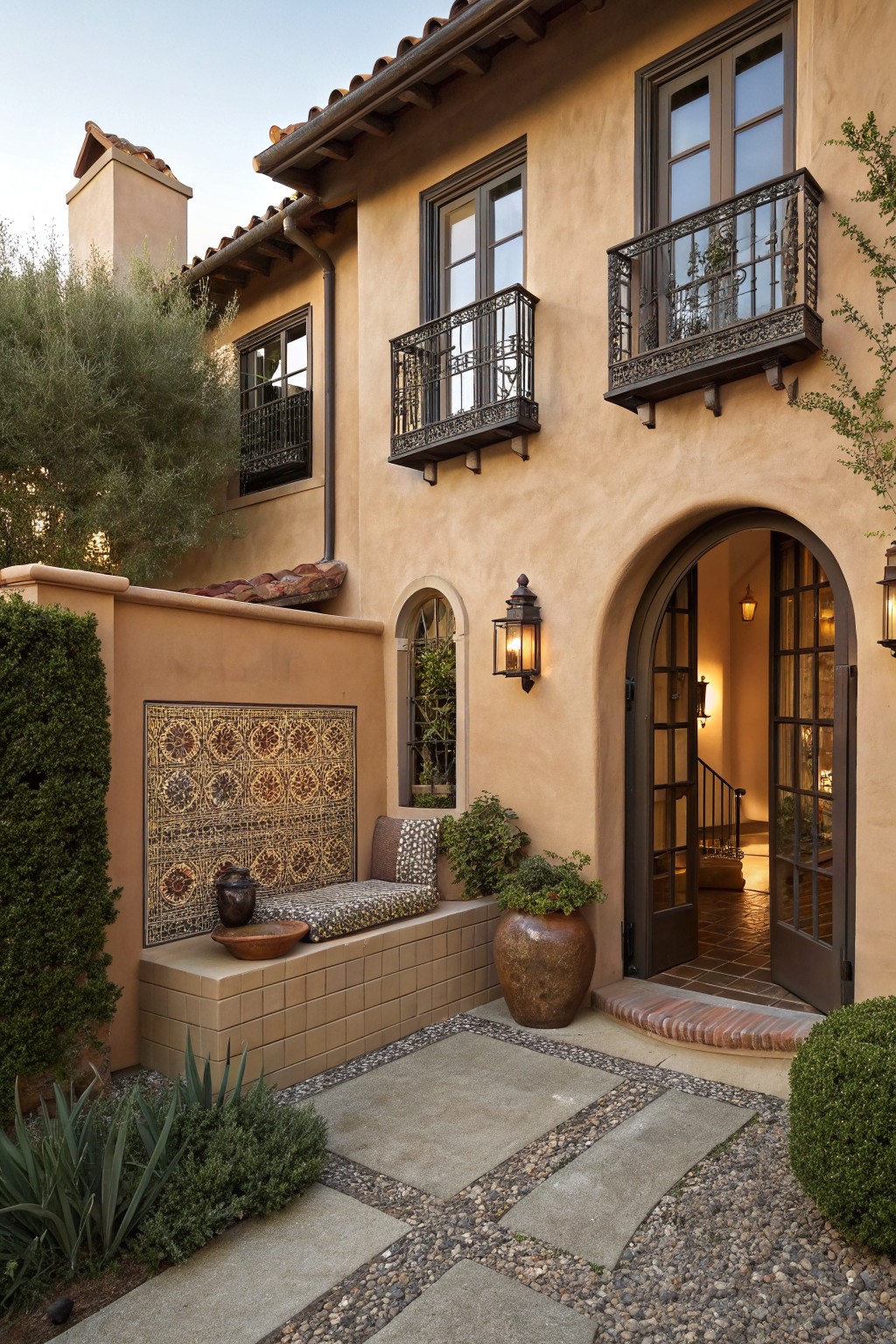 Tan stucco house exterior with terracotta tile roof, dark wood arched entry doors, second-story balcony with wrought iron railing, tiled feature wall with built-in bench and potted plants in a gravel courtyard.