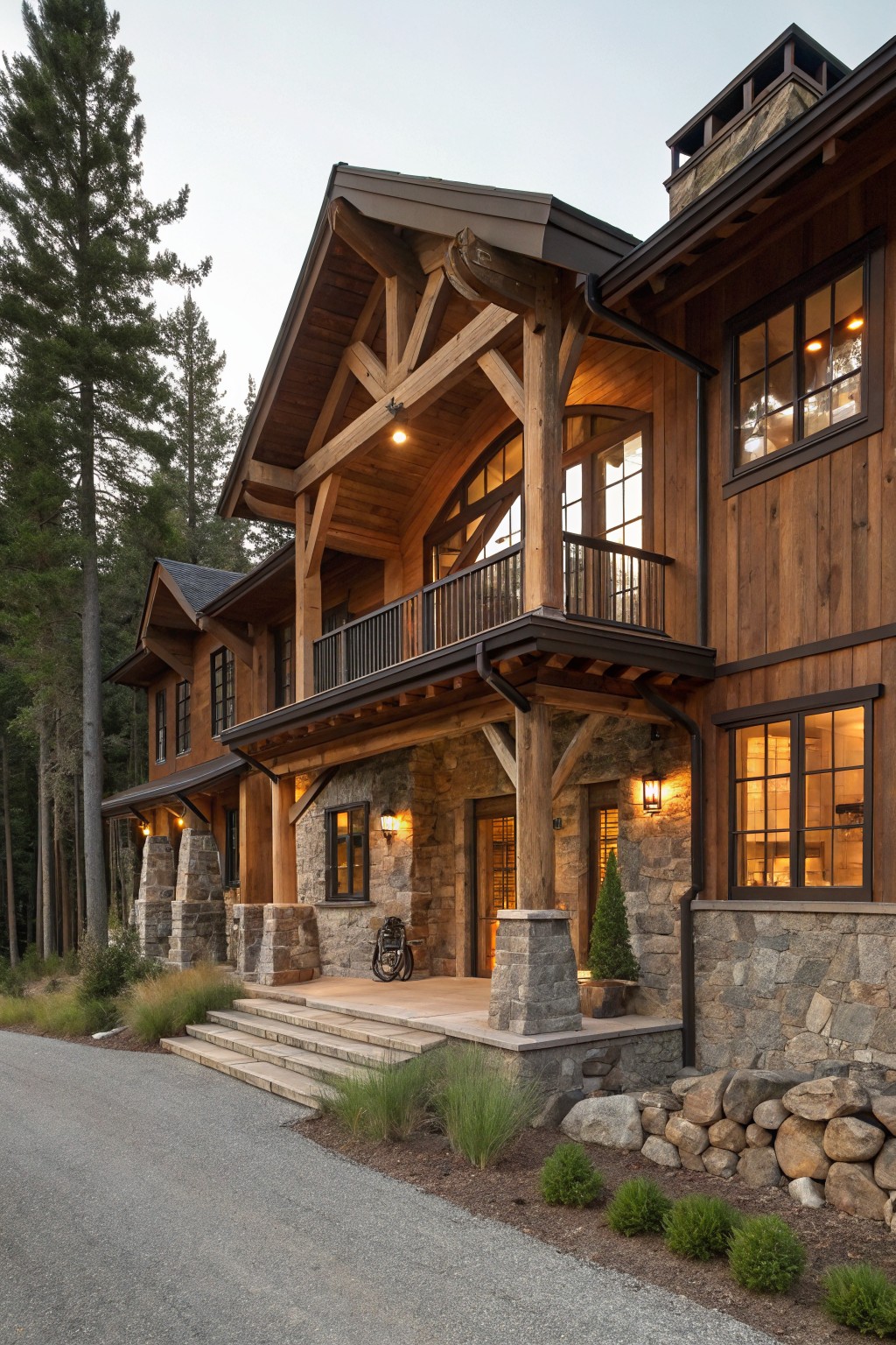 Three-story house exterior with warm brown board-and-batten siding, exposed golden timber beams framing a covered porch and balcony, gray stone pillars and foundation, steps leading to wood door, tall pine trees and rock landscaping nearby.