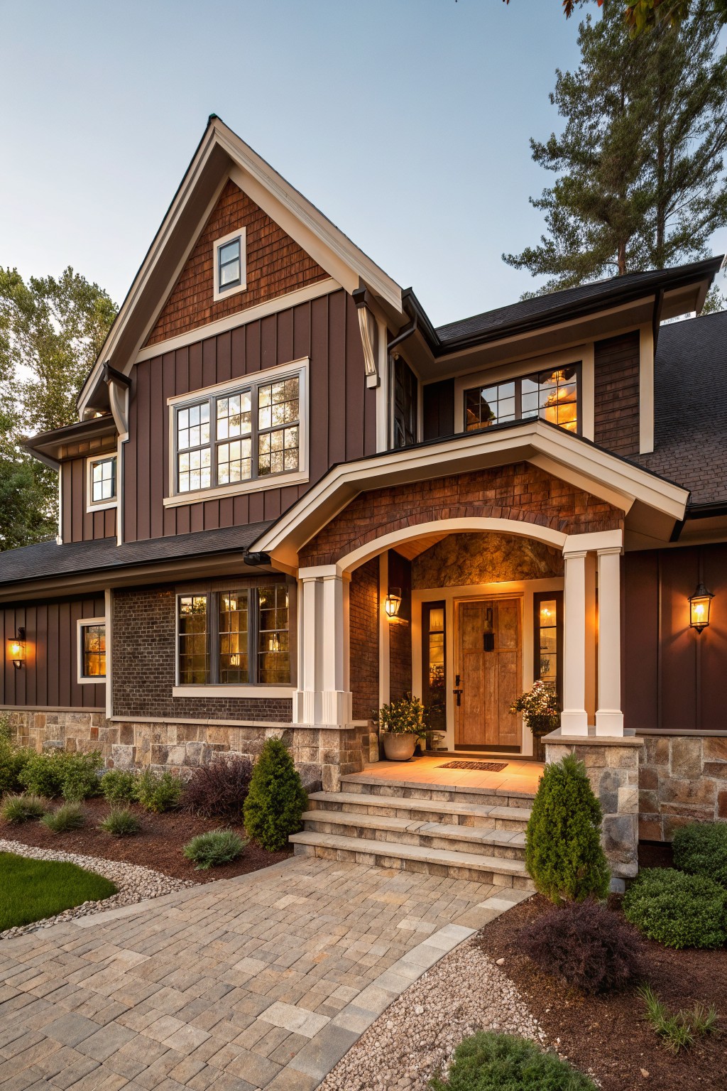 Front view of a two-story house with brown shake gable siding, vertical brown board-and-batten siding, stone foundation and accents, brick entry archway, white trim, lanterns, steps, and landscaped yard with paver path.