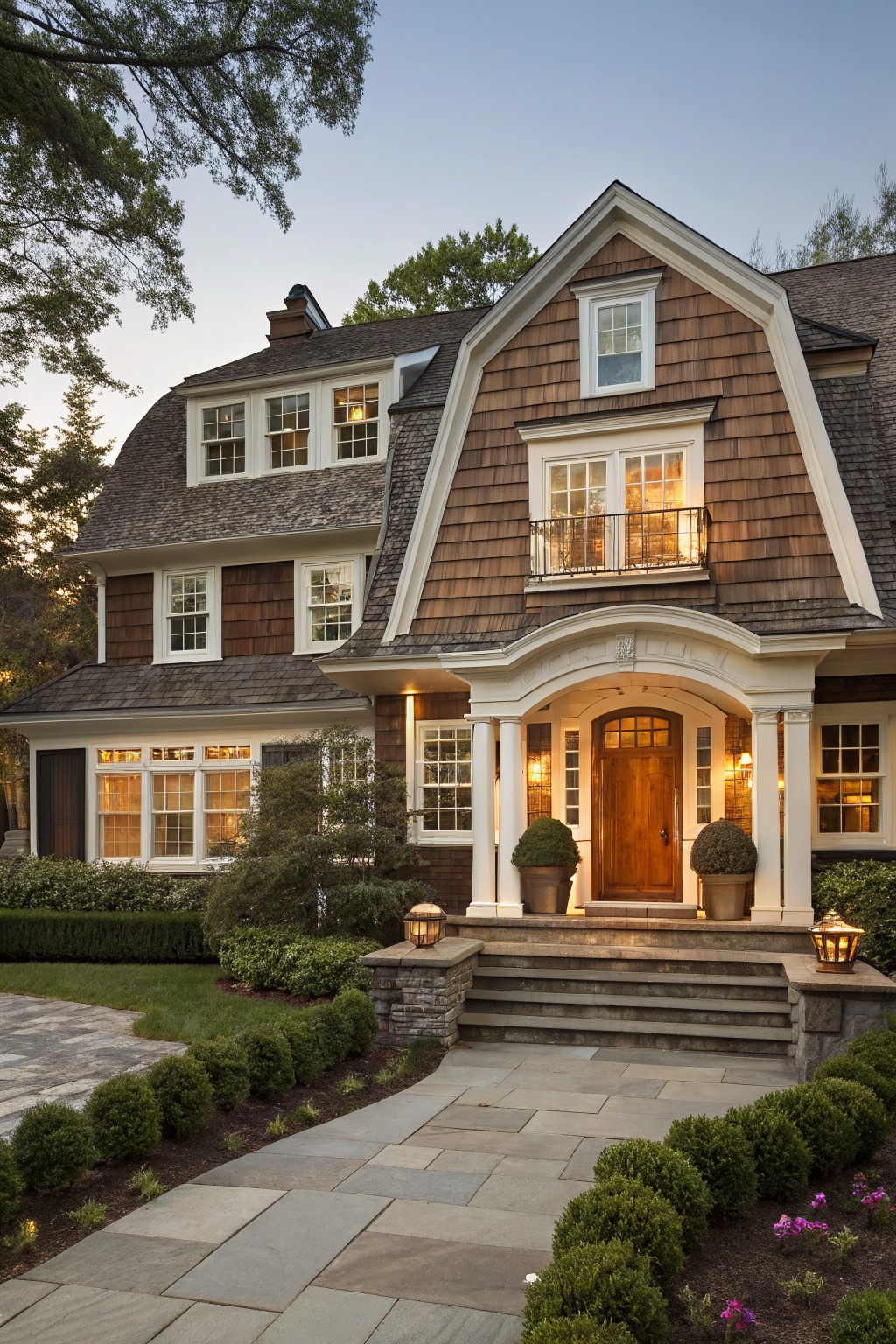 Two-story house exterior featuring brown shingle siding, white trim, gabled roof sections, columned entry porch with wood door, stone lanterns, and low boxwood shrubs along a stone pathway.