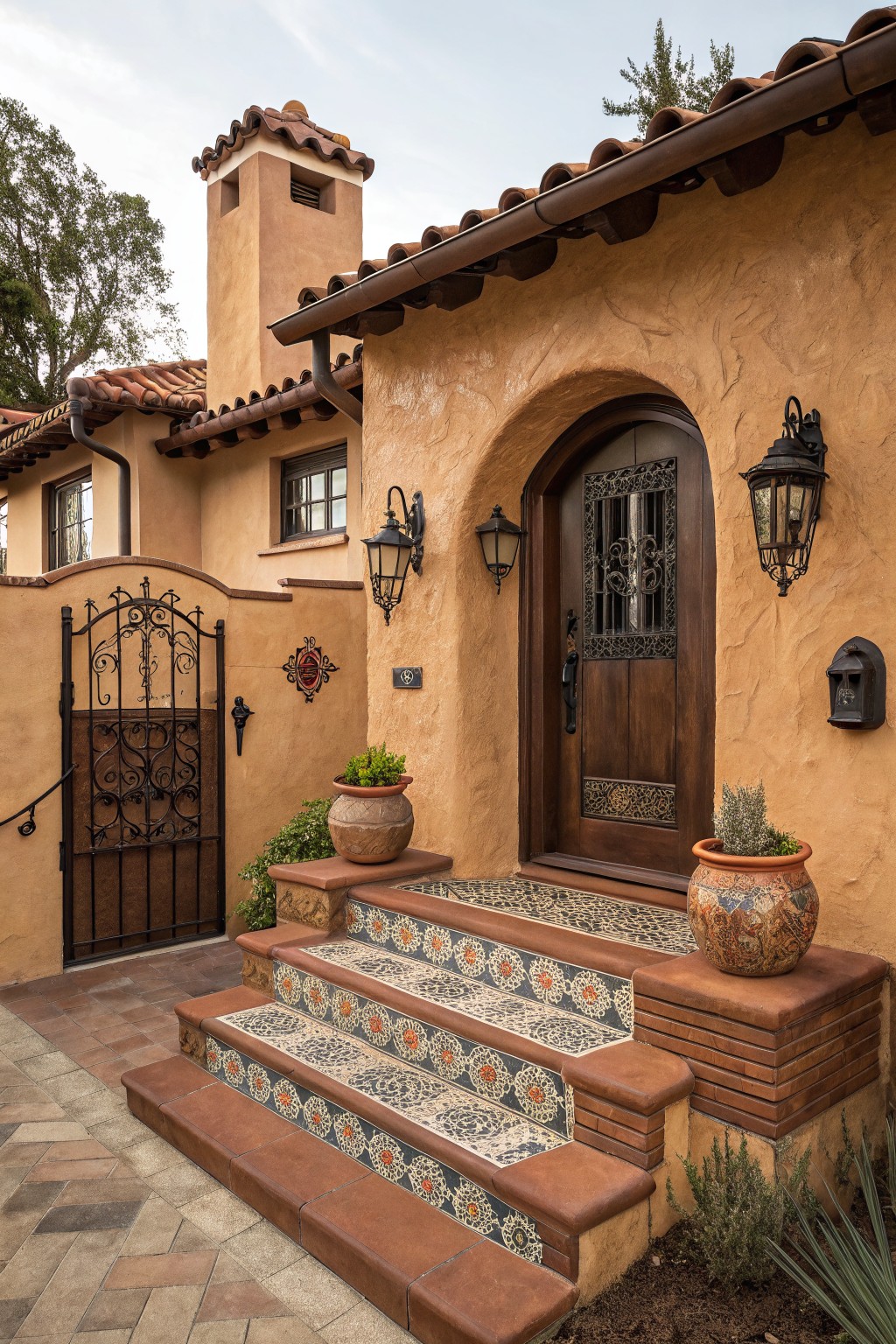 Tan stucco house exterior showing an arched wooden door with wrought iron gate and grille, colorful tiled steps, terracotta roof tiles, wall lanterns, and potted plants beside the entrance.
