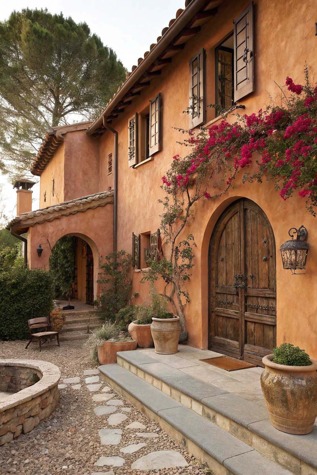 Terracotta stucco house exterior featuring an arched wooden double door entry, bougainvillea vines climbing the walls, shuttered windows, terracotta pots with plants, stone steps, gravel path, and stone fire pit in a landscaped courtyard.