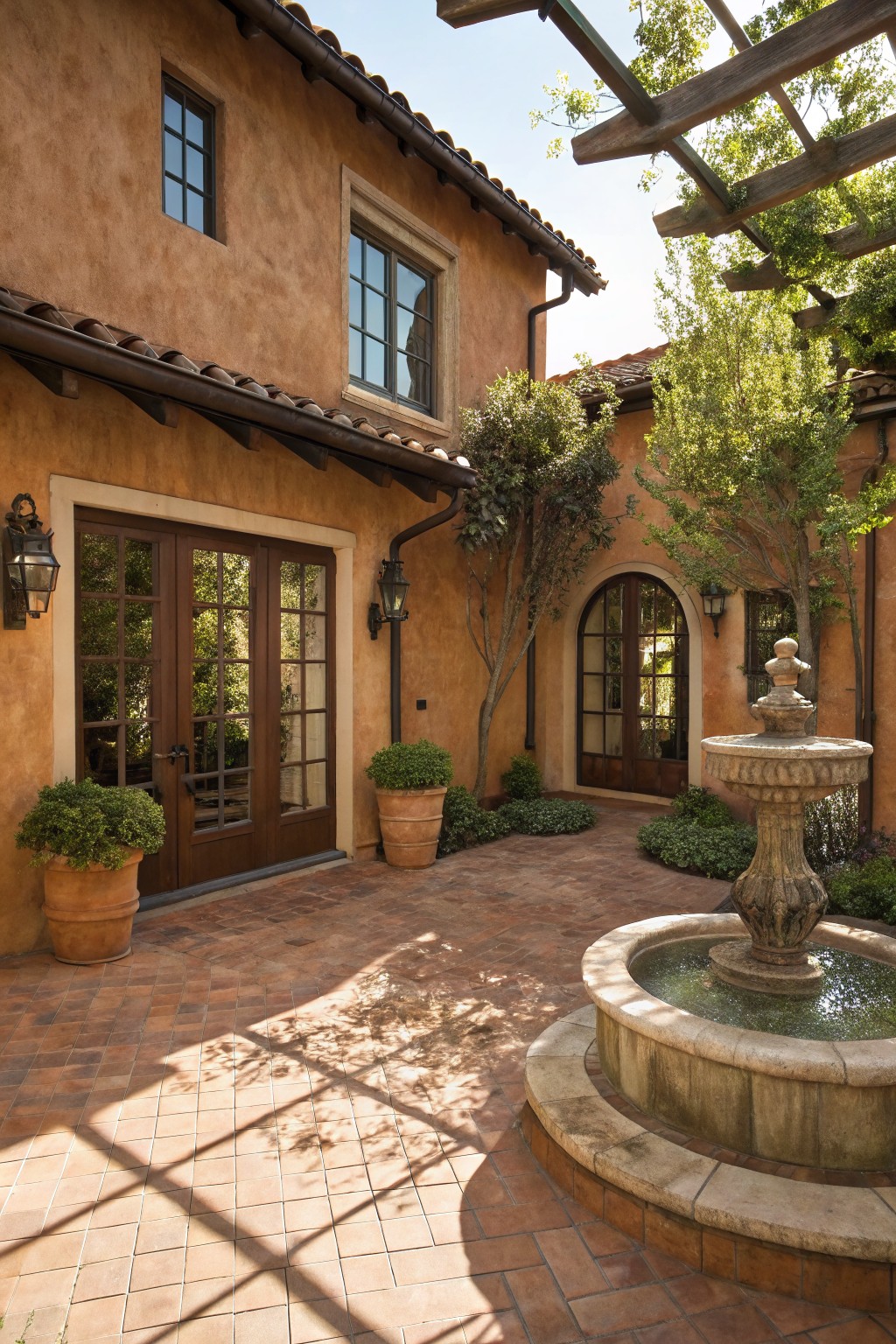 Warm brown stucco house walls with French doors, an arched doorway, lanterns, potted plants, trees, and a stone fountain centered in a terracotta tile-paver courtyard under a wooden pergola.