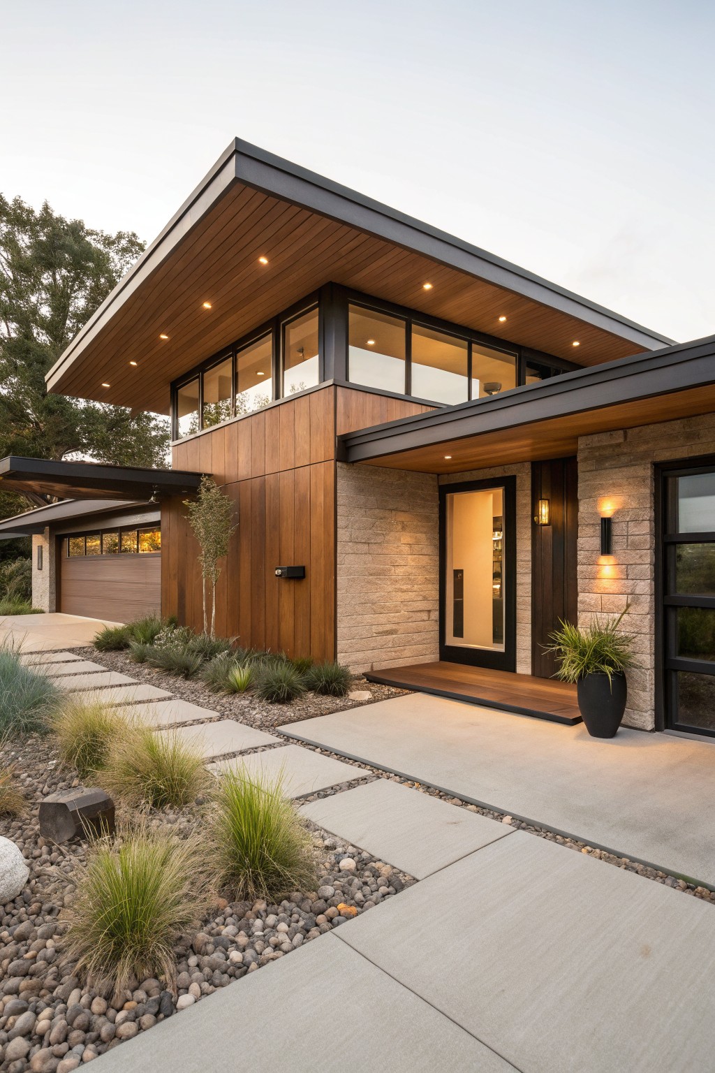 Modern house exterior with black metal roof overhang, vertical brown wood cladding on walls, beige stone base at entry and garage, glass front door, pathway of concrete pavers through gravel and grasses, and tall trees nearby.