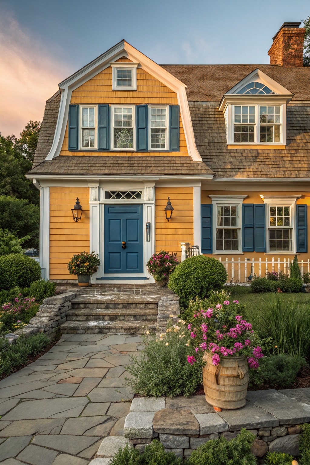 Two-story yellow shingled house with navy blue shutters and front door, white trim, lanterns flanking the entry, stone steps and path, potted plants, and gardens along the front yard.