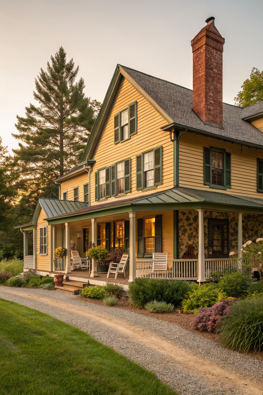 A two-story yellow clapboard house with green shutters and trim, wraparound porch with white columns and chairs, brick chimney, surrounded by trees, shrubs, flowers, and a gravel driveway edged by grass.