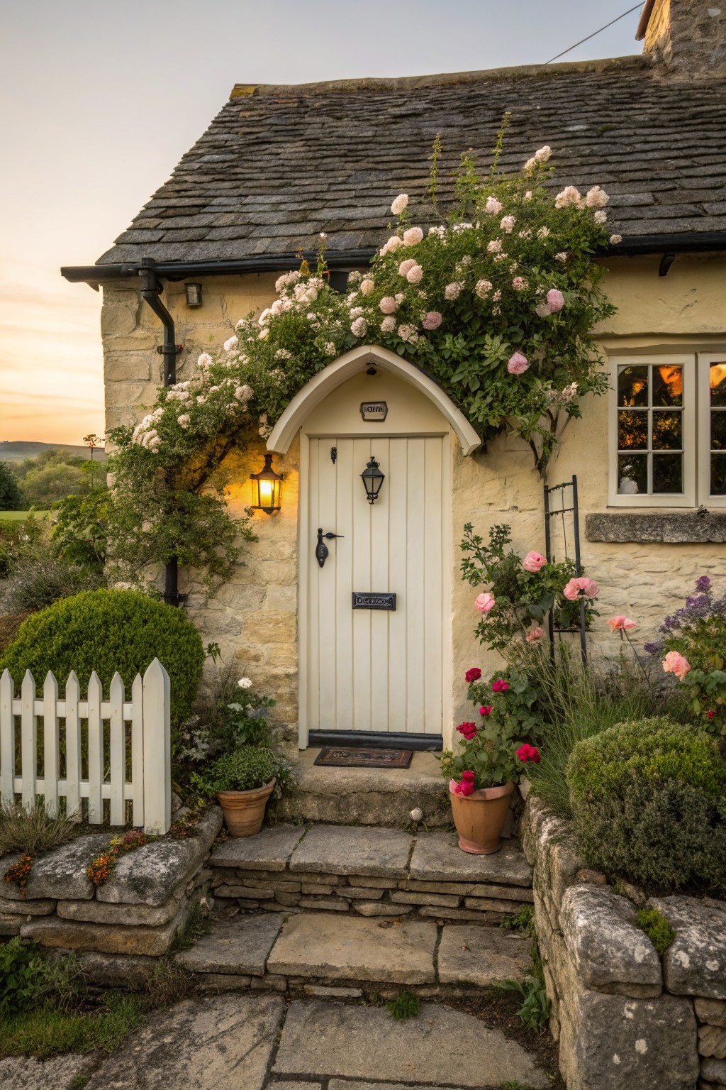 Close-up view of a stone cottage exterior featuring a white arched front door with black hardware, climbing pink roses on the walls and porch, a lit lantern, potted plants, and a small white picket fence at dusk.