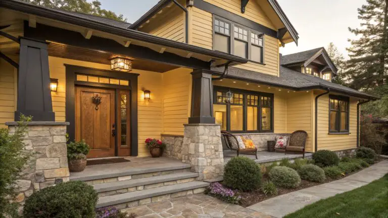 Two-story Craftsman-style house with yellow horizontal siding, black trim and roof, covered front porch with stone pillars and wooden door, wicker furniture, potted plants, and brick path leading to entry amid landscaping.