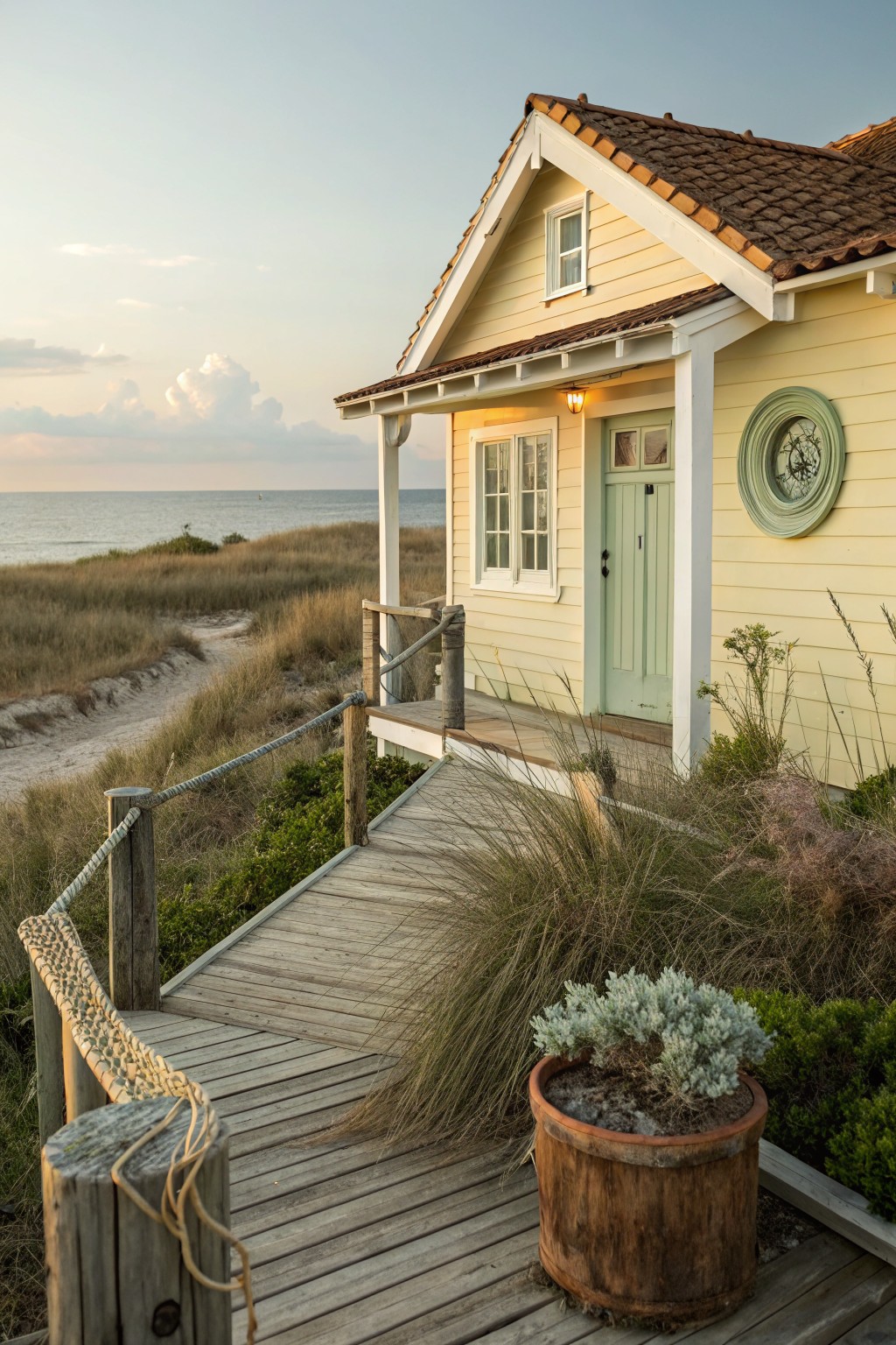 Pale yellow clapboard beach house with green front door, white trim, porch light, and clock, elevated on a wooden boardwalk path through sea grass dunes overlooking the ocean at dusk.