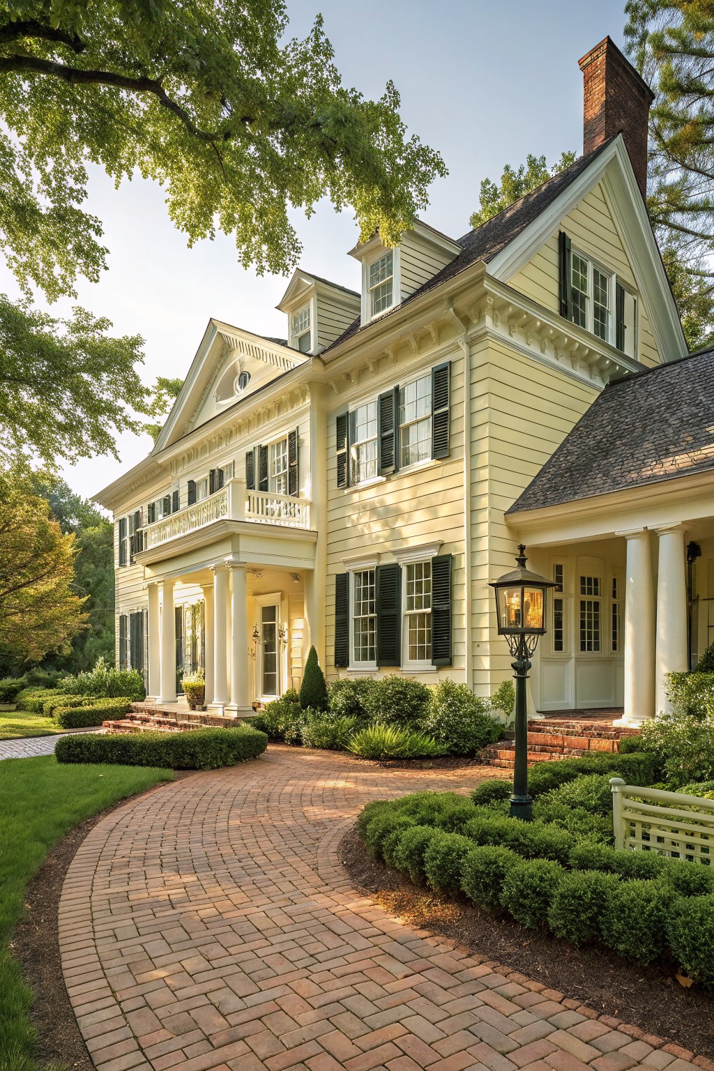 Two-story yellow clapboard house with black shutters, white porch columns, brick entry steps, curved brick pathway, and low hedges in a landscaped yard.