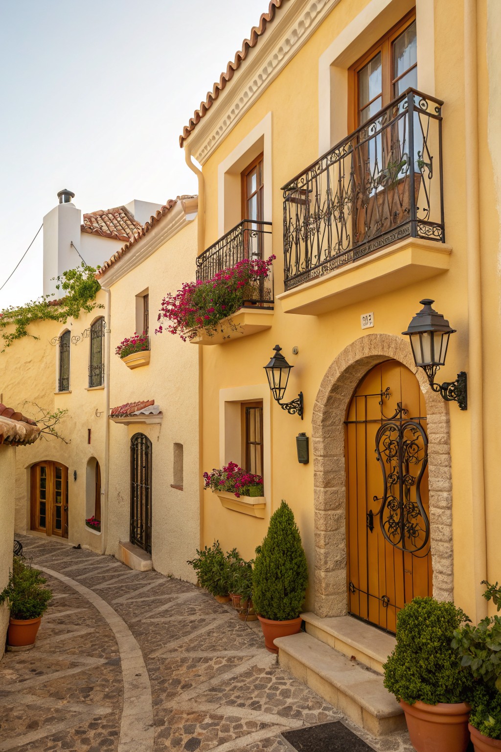 Narrow cobblestone street flanked by pale yellow stucco houses with wrought iron balconies, pink bougainvillea flowers, arched wooden doors, potted shrubs, terracotta roofs, and lanterns under a clear sky.